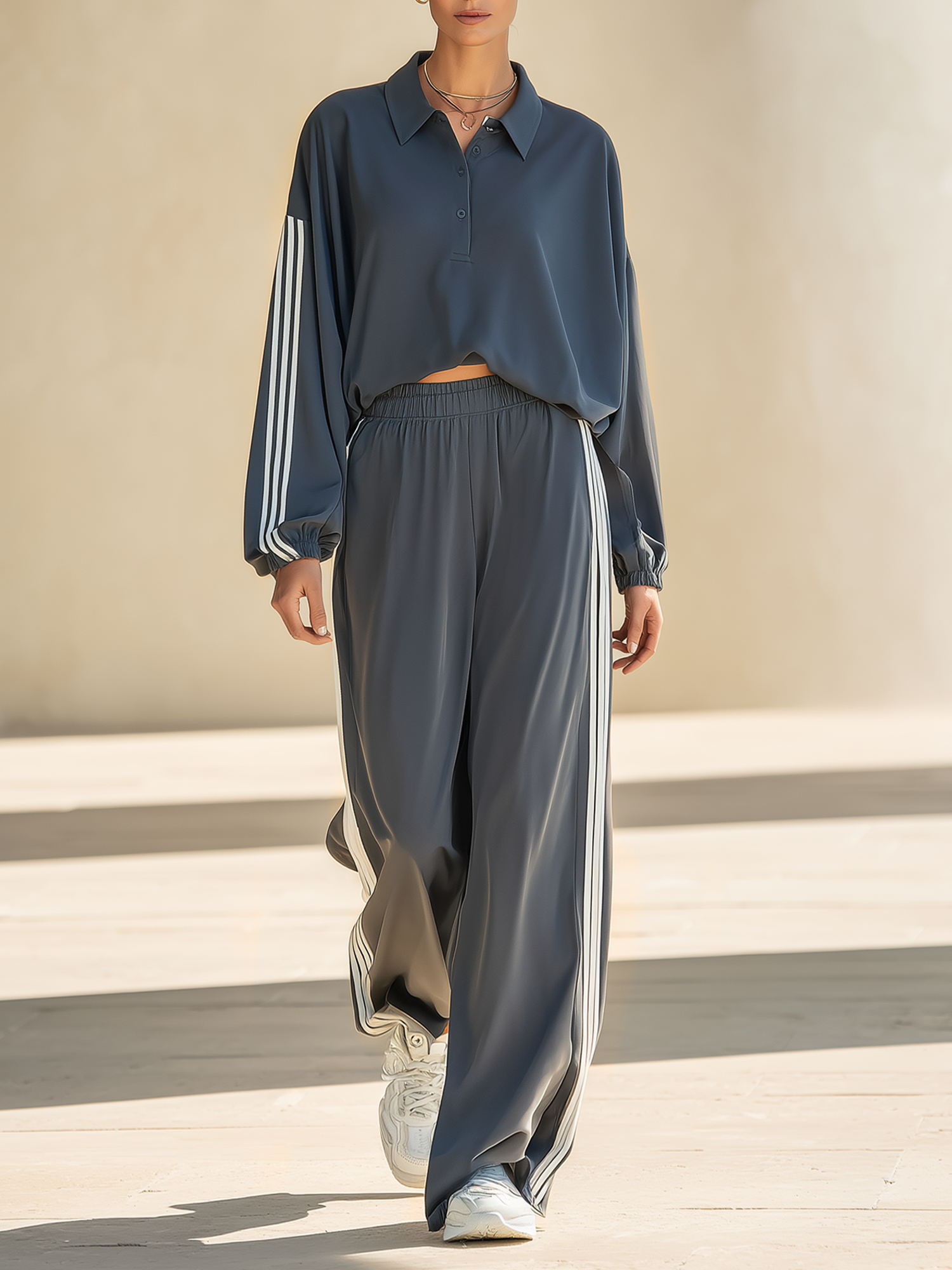 Loose-fit Color-block Striped Polo Top And Side-stripe Wide-leg Pants Set