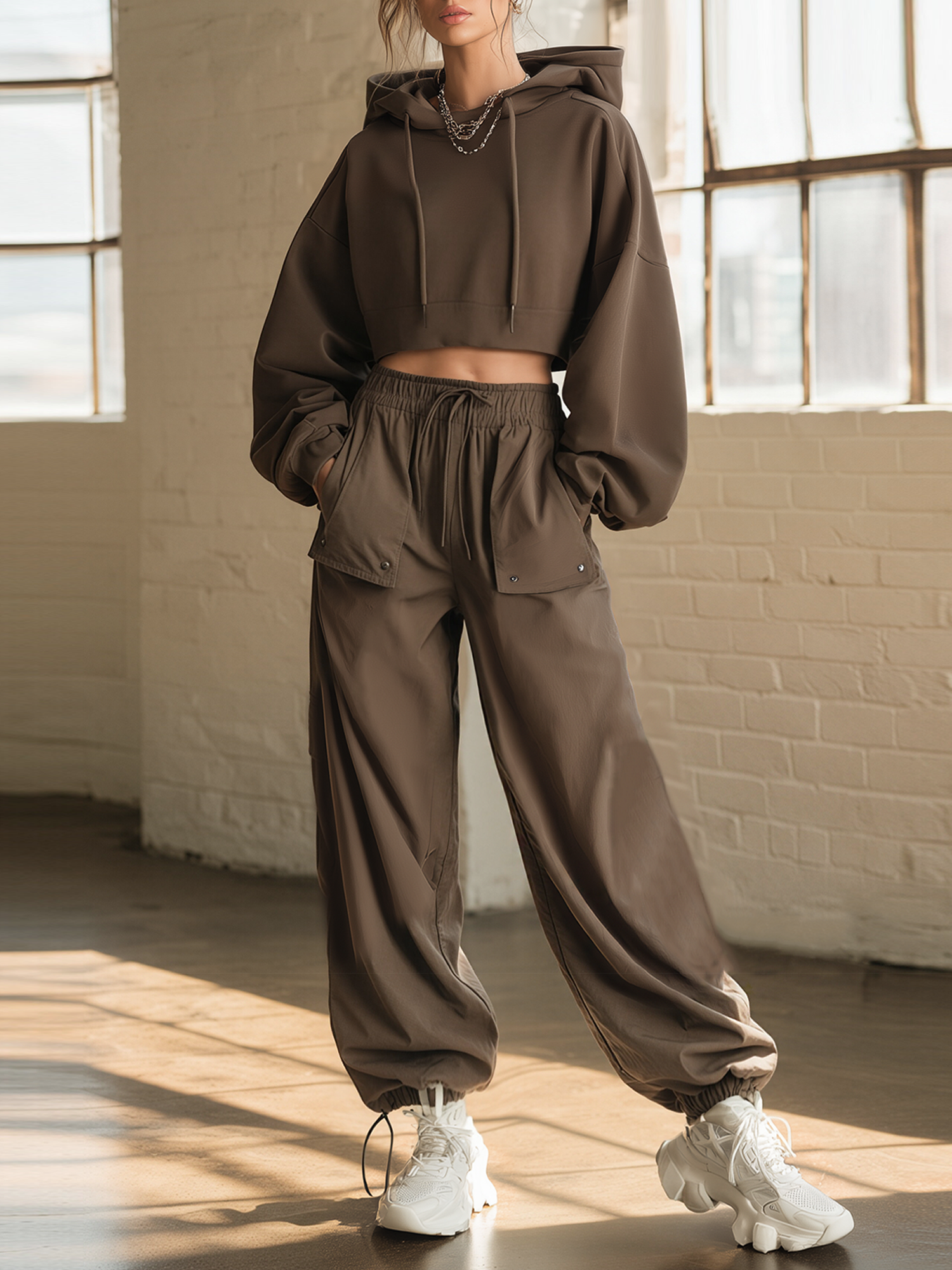 Brown Cropped Hoodie & Multi-Pocket Cargo Jogger Pants Set