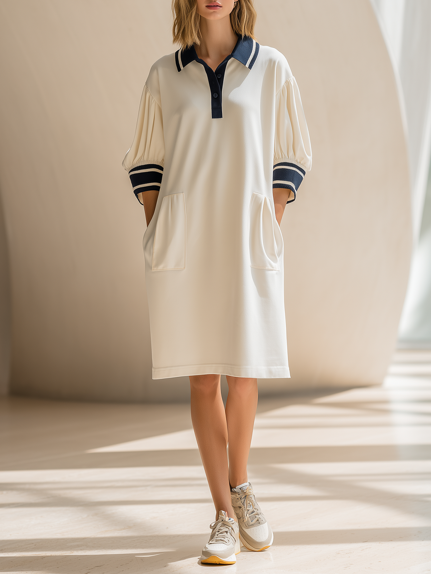 Off White Navy Stripe Trim Puff Sleeve Polo Midi Dress