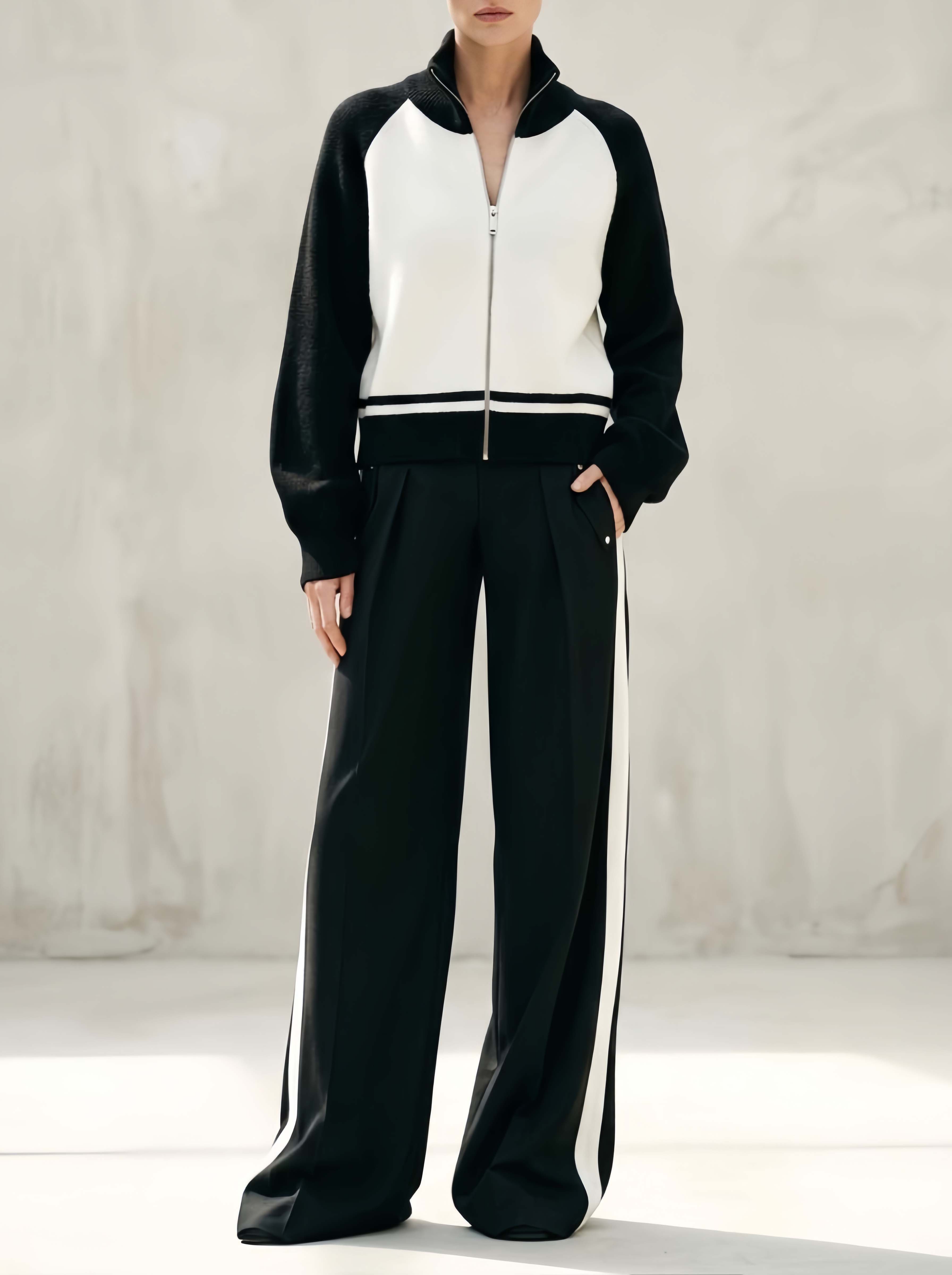 Stylish Black-and-white Color-block Long-sleeve Jacket And Trousers Set—sporty Yet Suitable For The Daily Commute