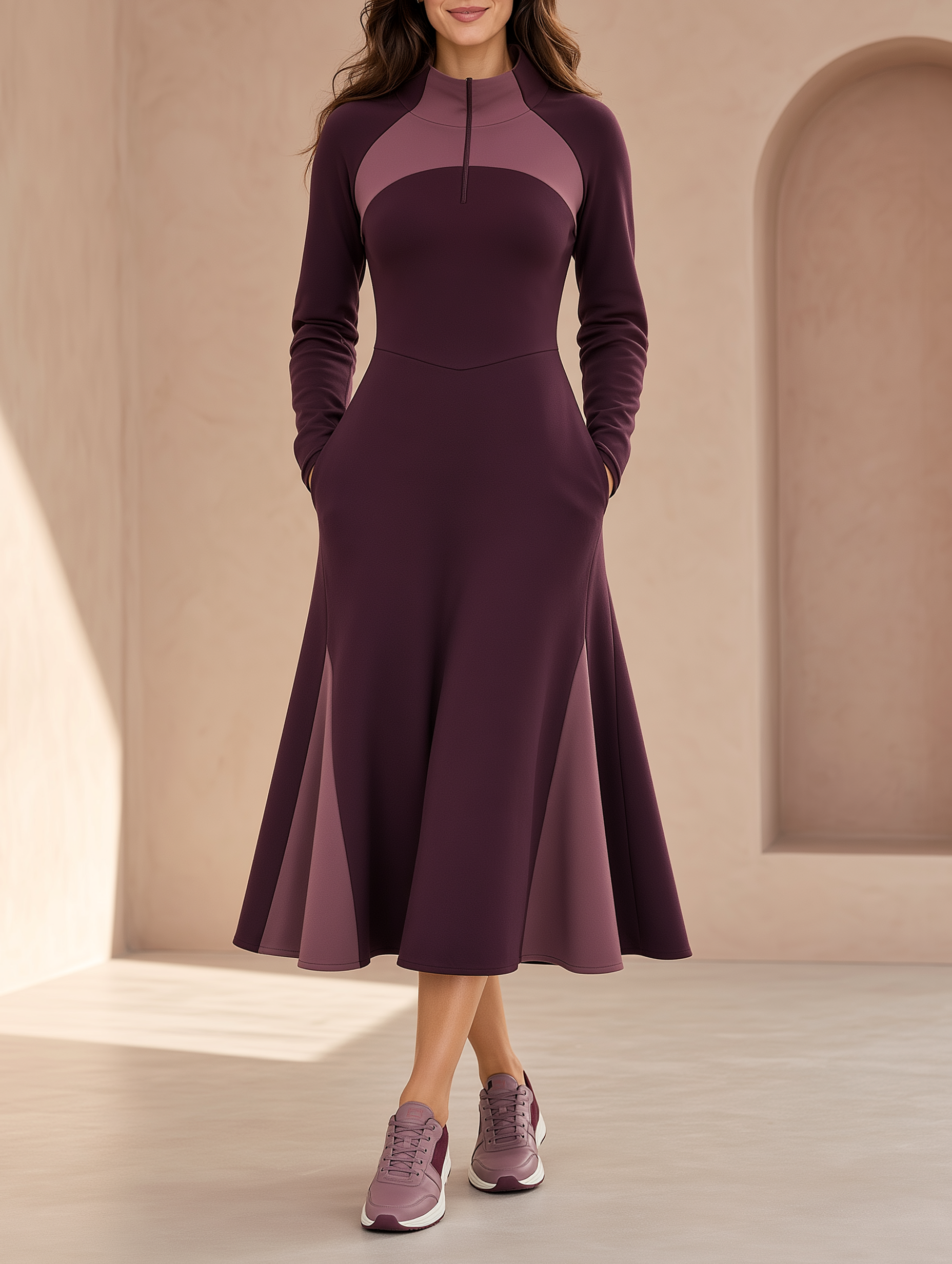 Women's Long Sleeve Half-Zip Color Block Fit and Flare Midi Dress