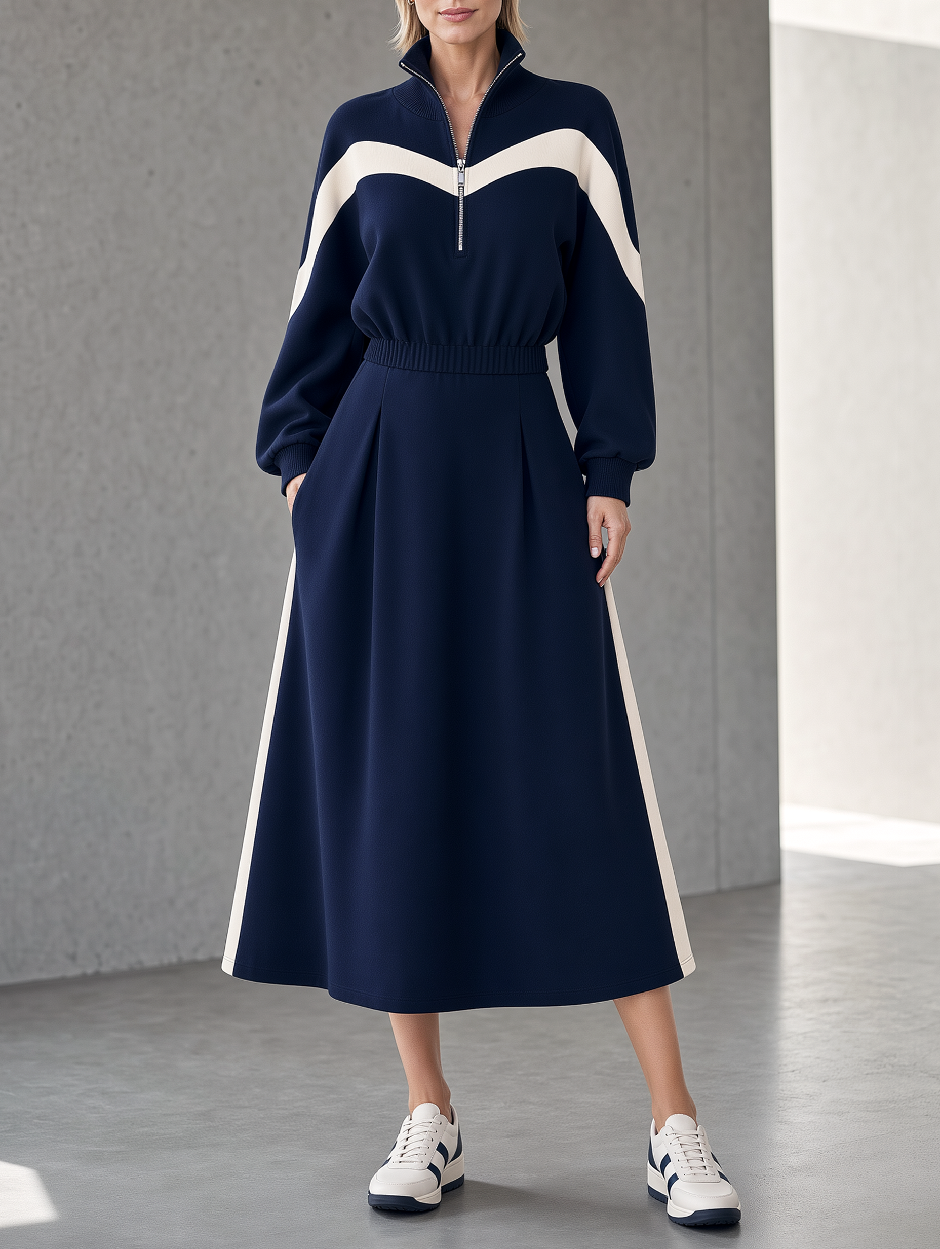 Navy Blue Color-block Mid-length Skirt With A Half-zip And Fitted Waist