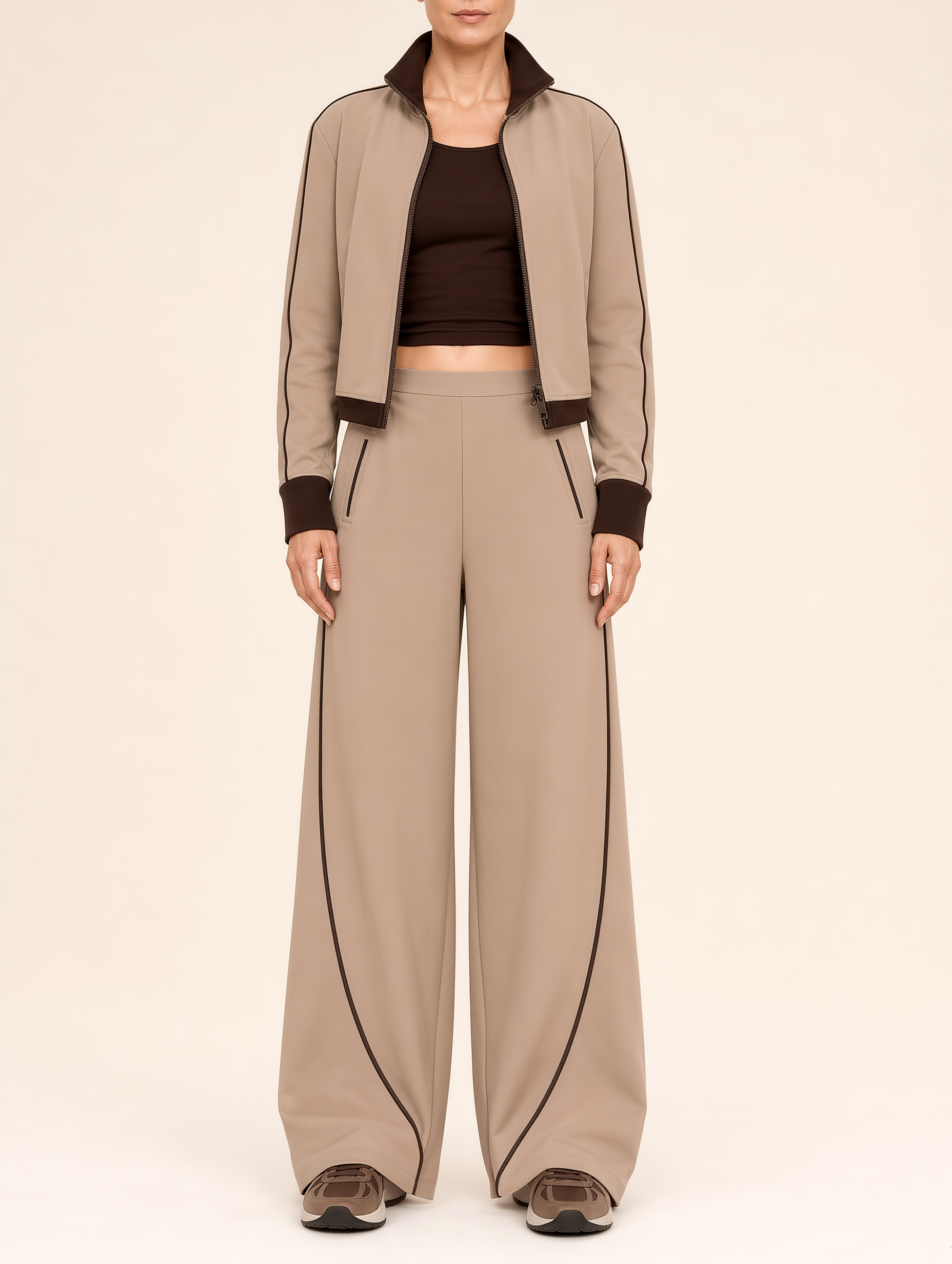 Women's Cropped Zip-Up Track Jacket & Wide-Leg Pants Set