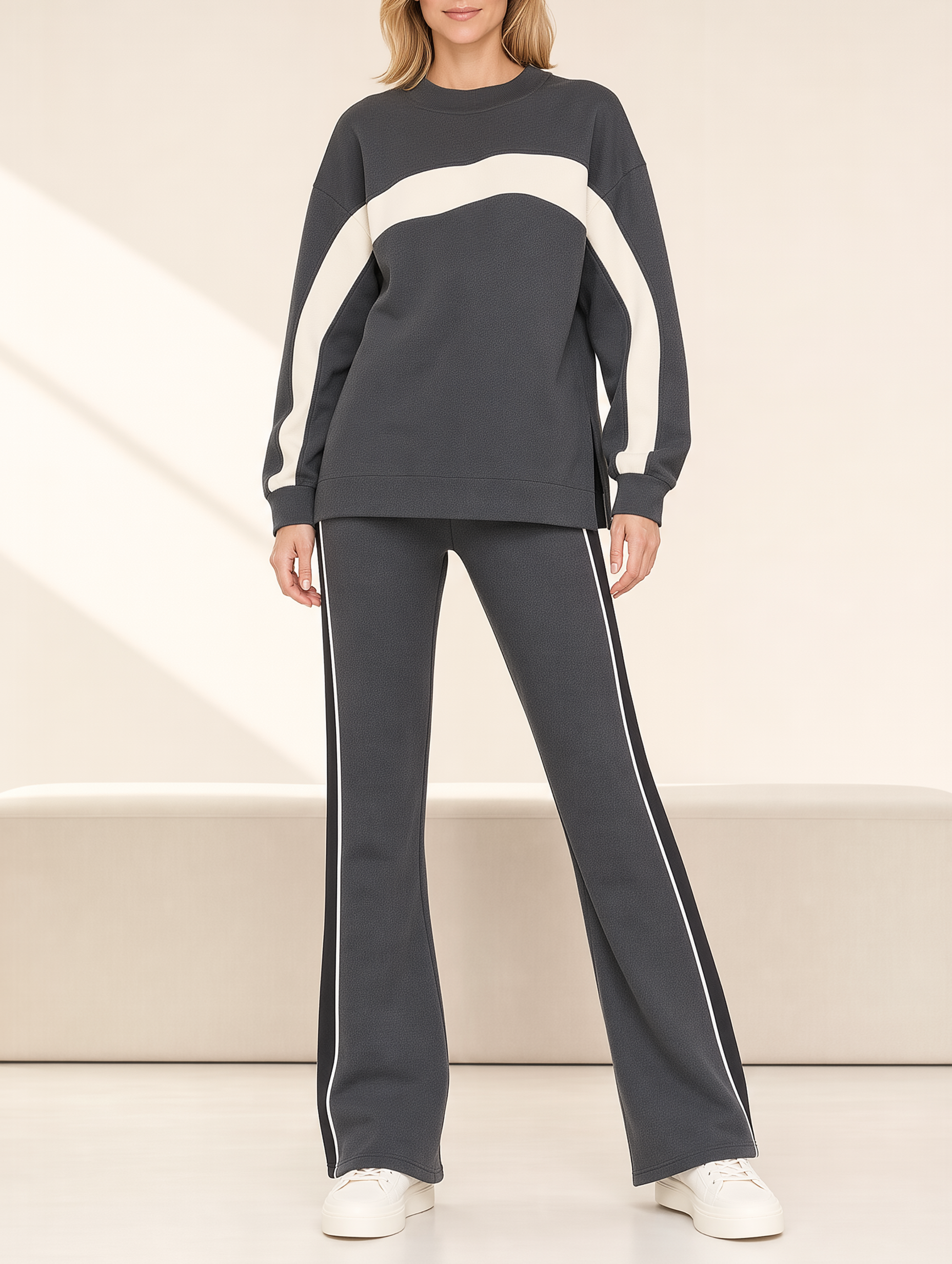 Dark Grey Color-Block Sweatshirt And Flared Casual Trousers Set