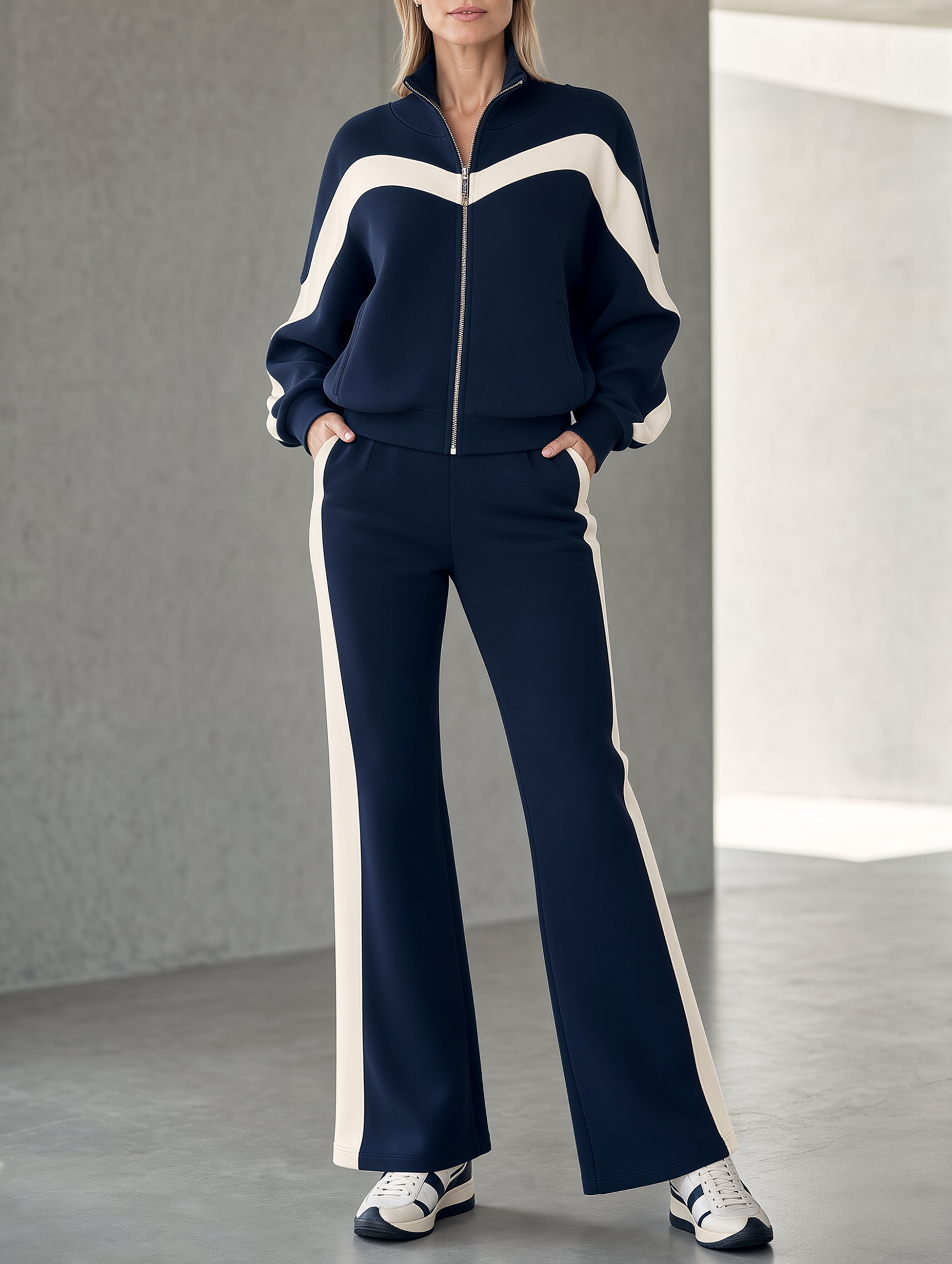 Women's Colorblock Zip-Up Jacket & Wide-Leg Pants Tracksuit Set