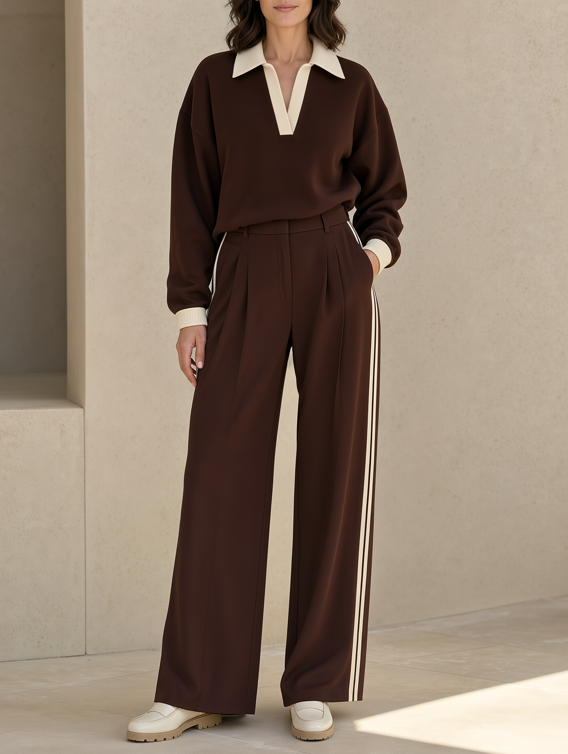 Contrast Collar Polo Sweatshirt & Side-Stripe Wide Leg Trousers Set