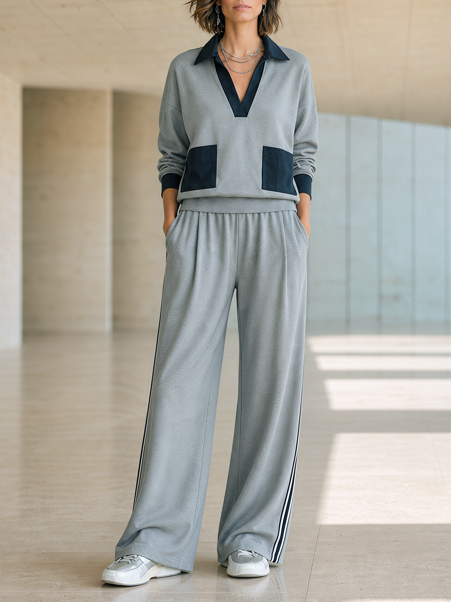 Grey Contrast Collar V‑Neck Sweatshirt & Side Stripe Wide‑Leg Pants Set