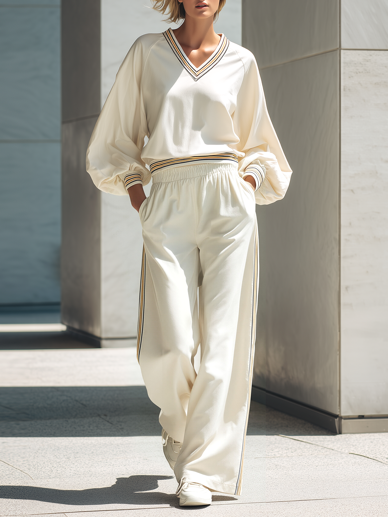 Cream V‑Neck Bishop Sleeve Top & Side Stripe Wide‑Leg Pants Set