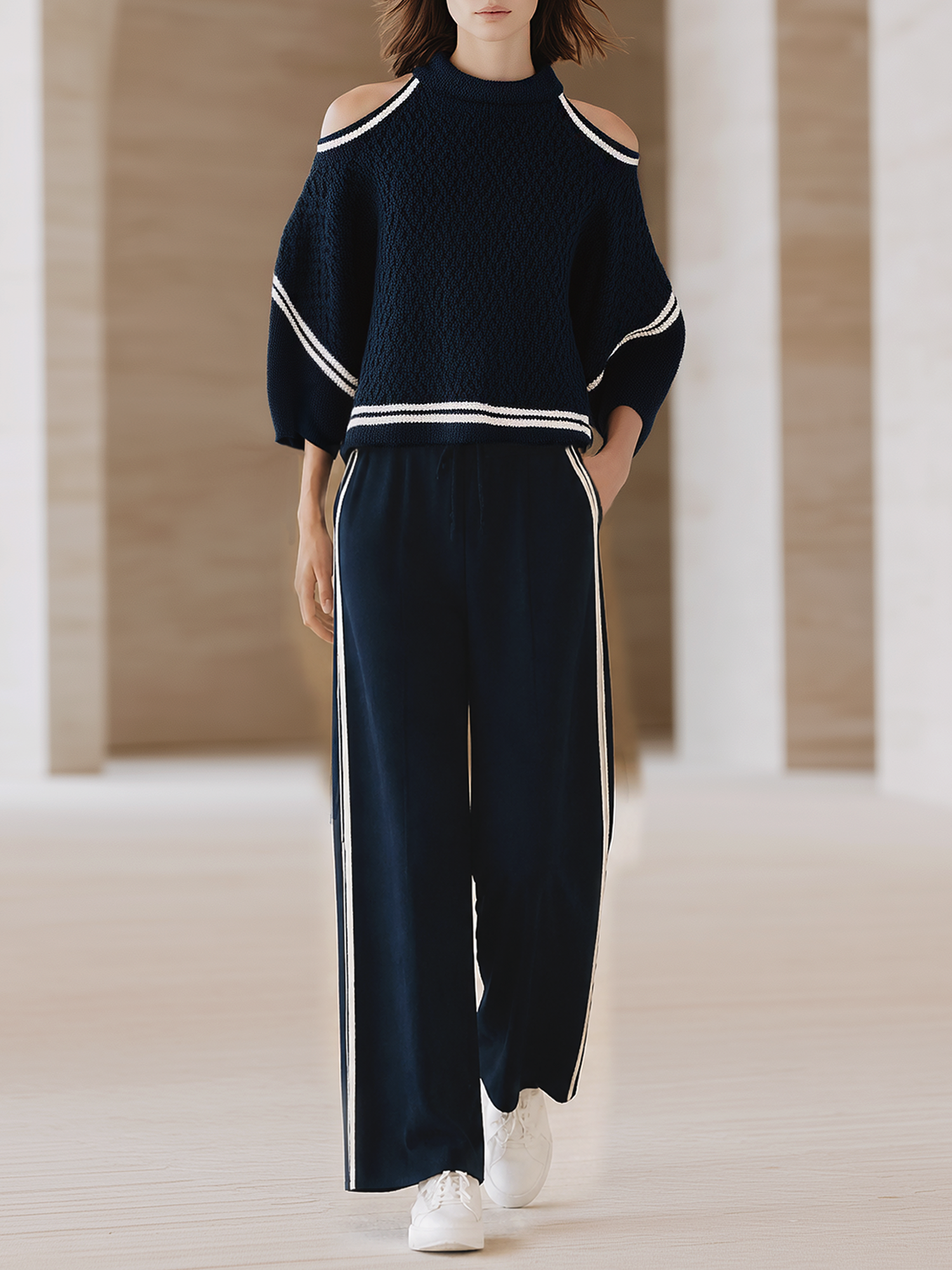 Navy Cold‑Shoulder Knit Top & Contrast Trim Wide‑Leg Pants Set