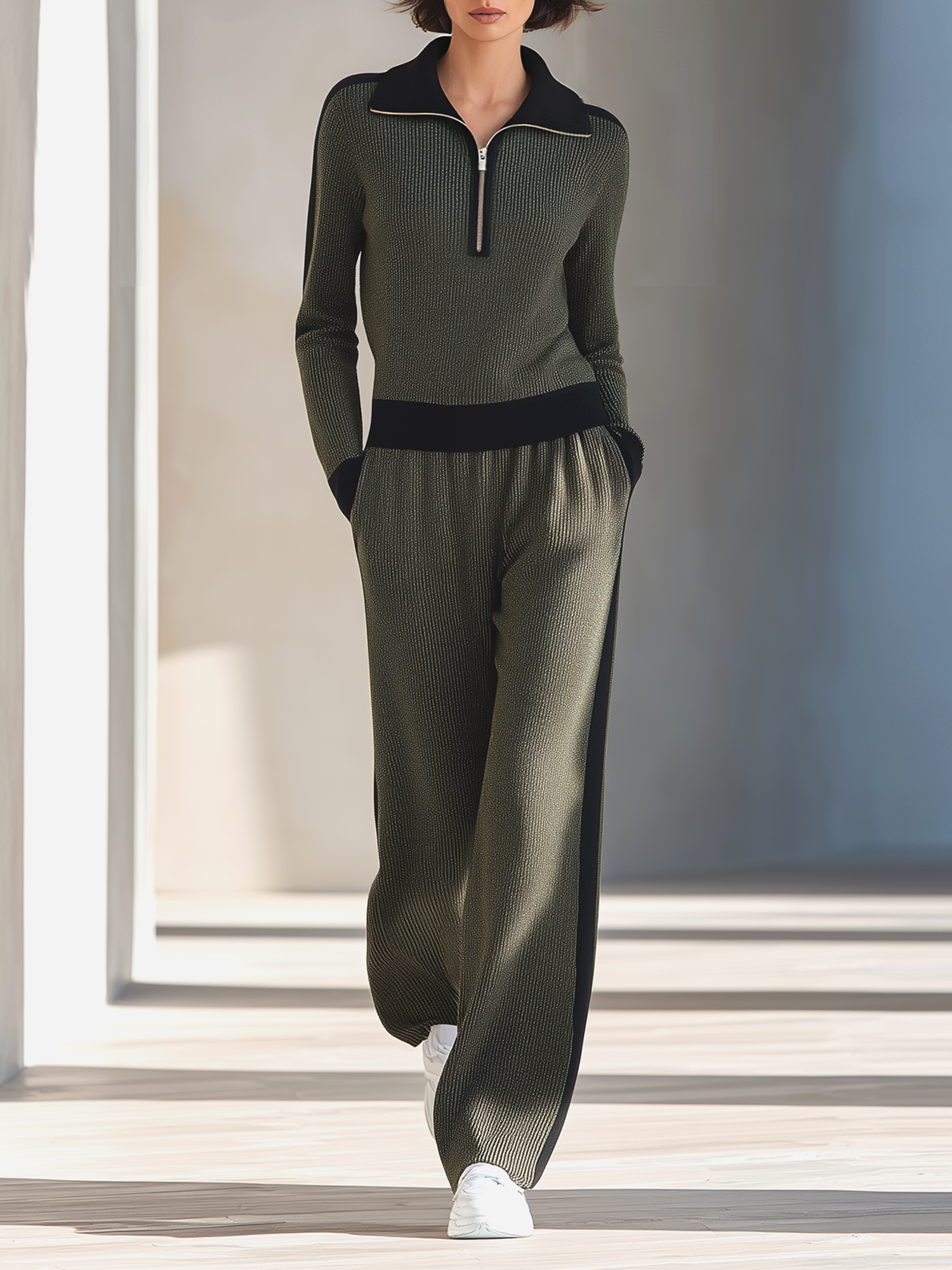 Olive Half‑Zip Collared Knit Top & Side Stripe Wide‑Leg Pants Set