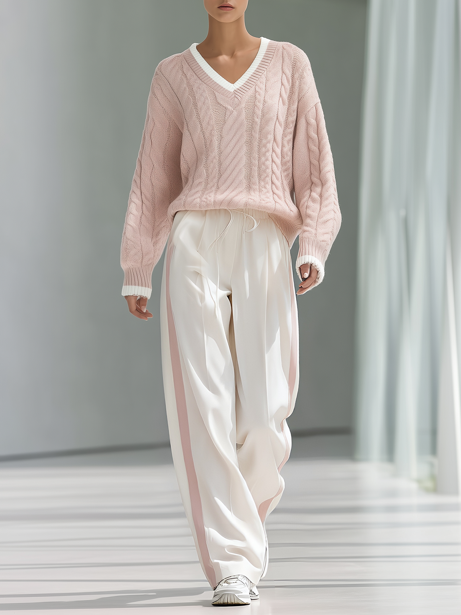 Pink V‑Neck Cable Knit Sweater & Side Stripe Wide‑Leg Pants Set