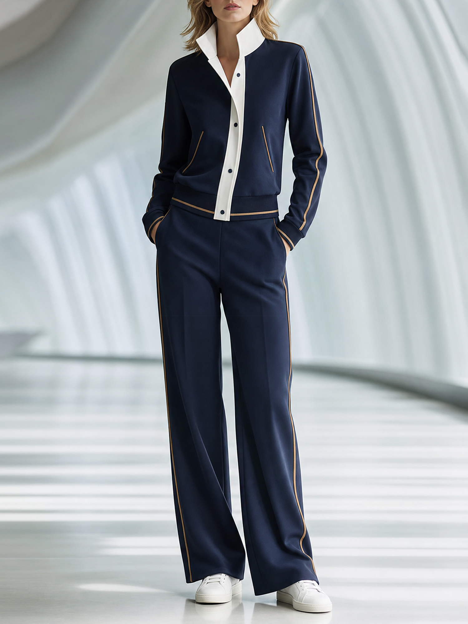 Navy Stand Collar Zip Jacket & Piping Wide‑Leg Pants Set