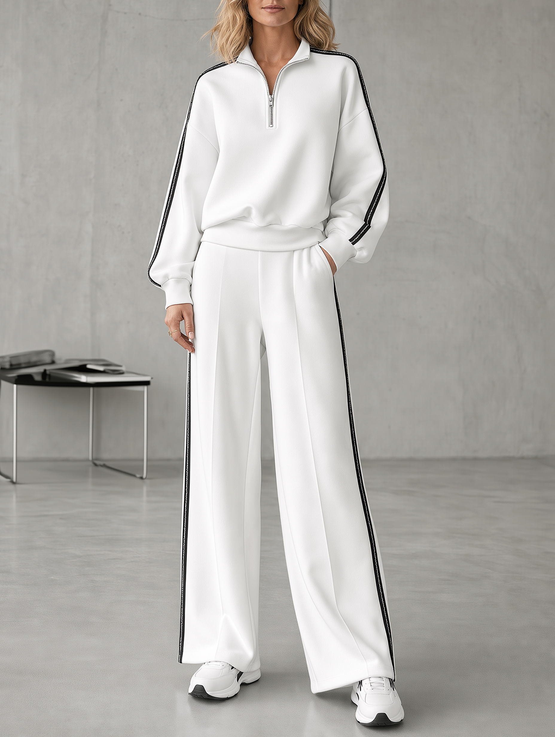 White Half-zip Sweatshirt And Matching Wide-leg Pants Set