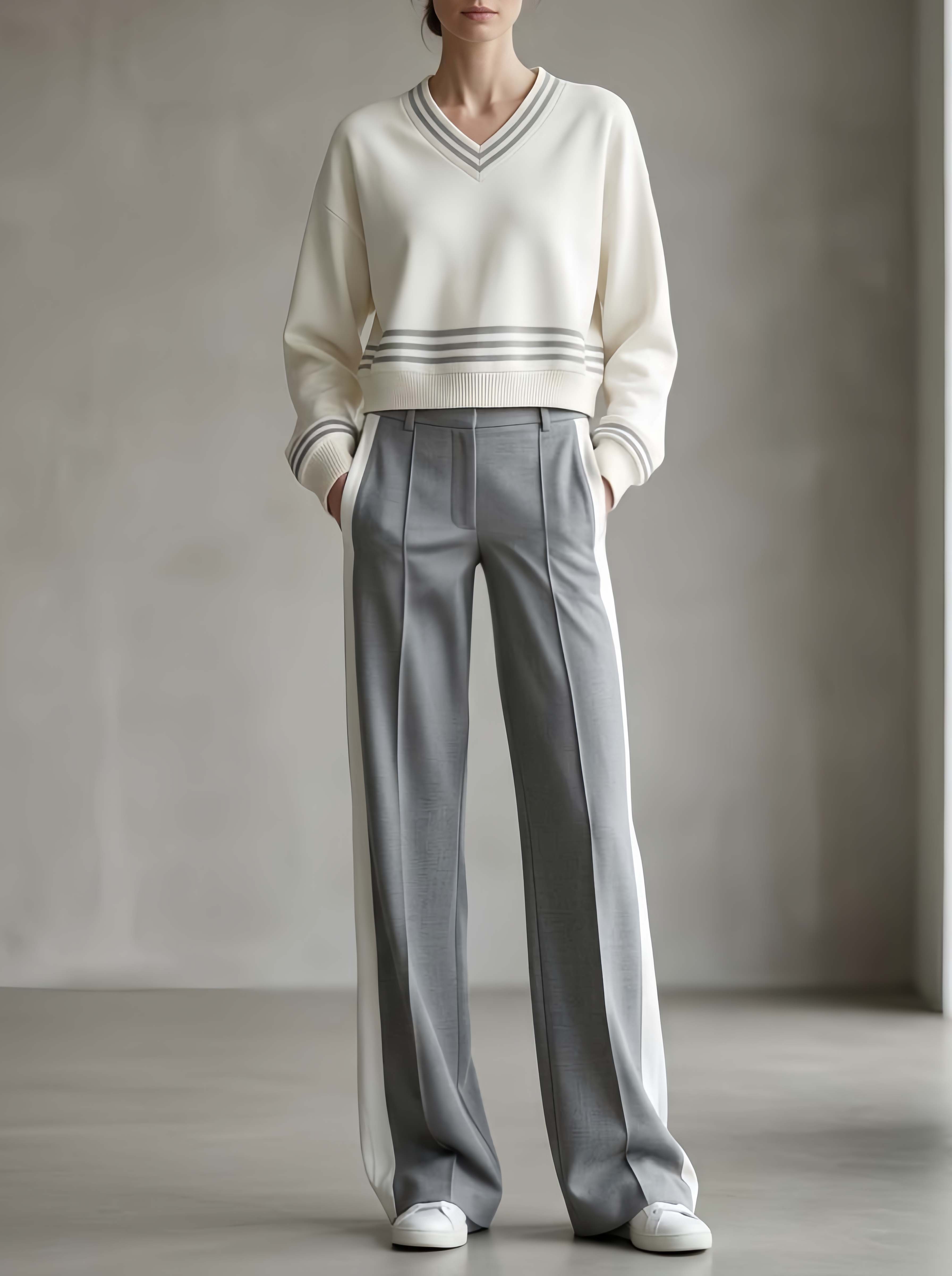 Stylish Casual White And Grey Color-Block V-Neck Long-Sleeve Top And Pants Set