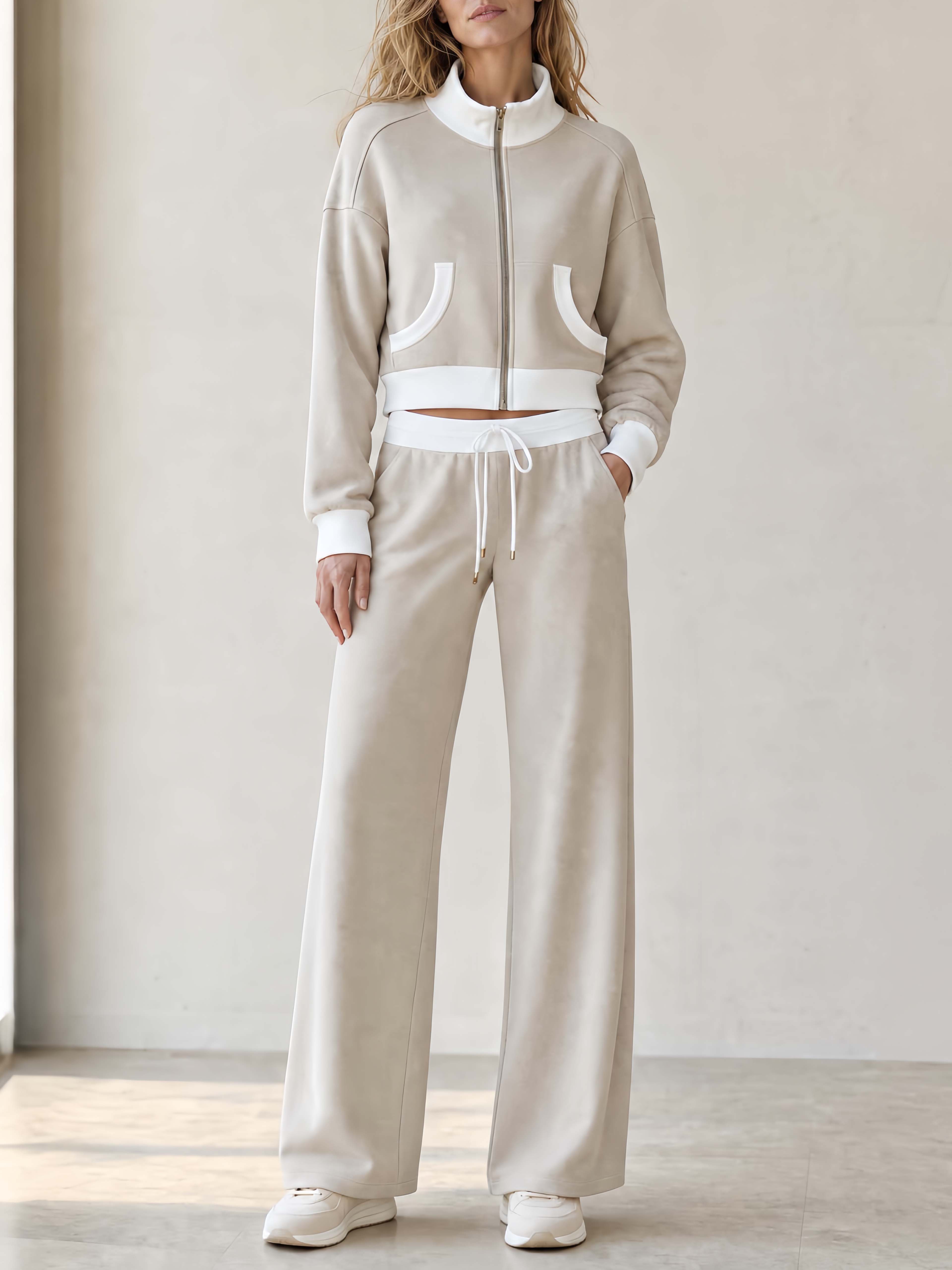 Chic Commuter-Style Oatmeal Color-Block Jacket And Trouser Casual Set