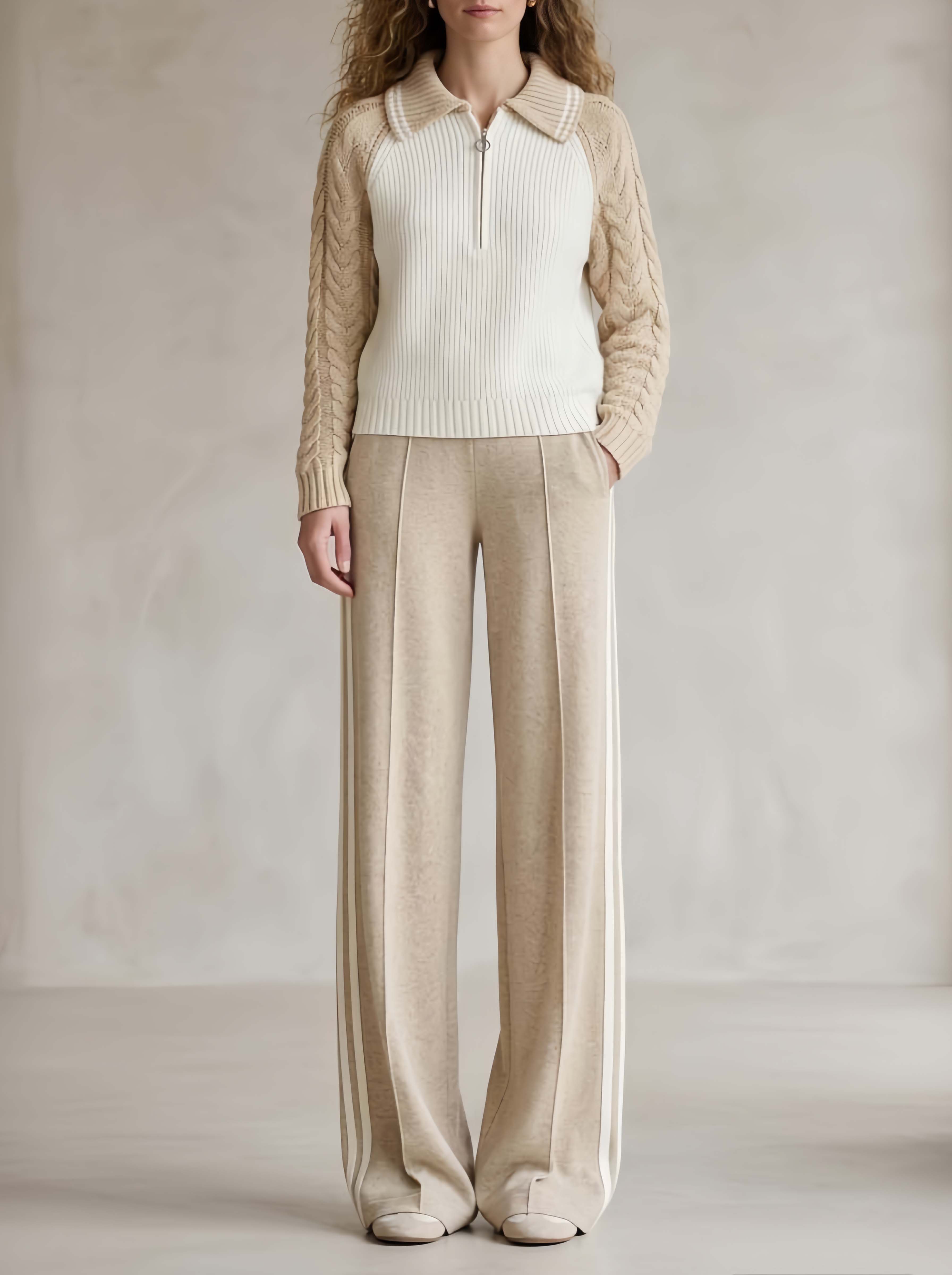 Stylish Casual Oatmeal And Off-White Color-Block Collared Sweater And Trousers Set