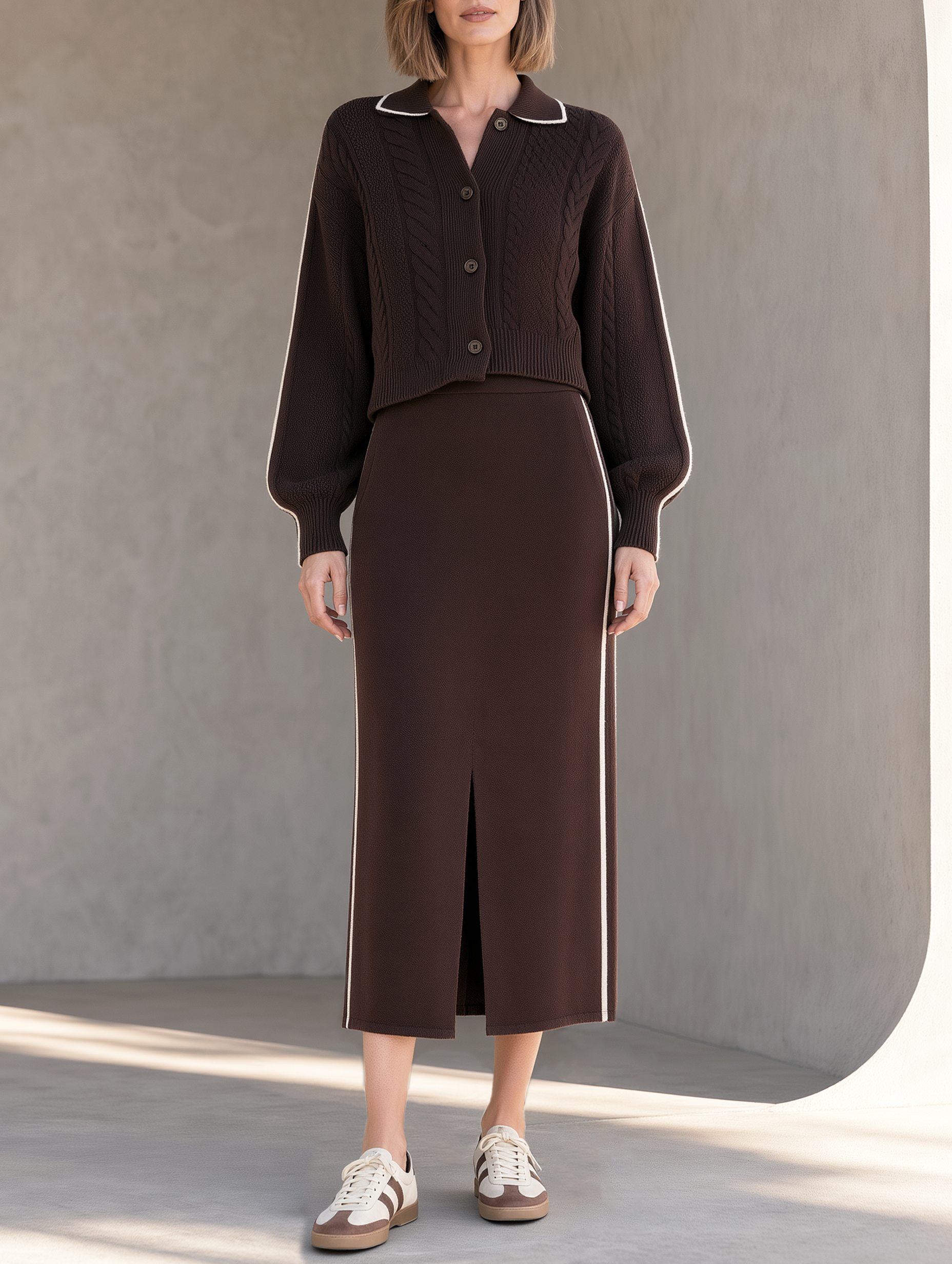 Dark Brown Cable-knit Cardigan And Slit Skirt Set