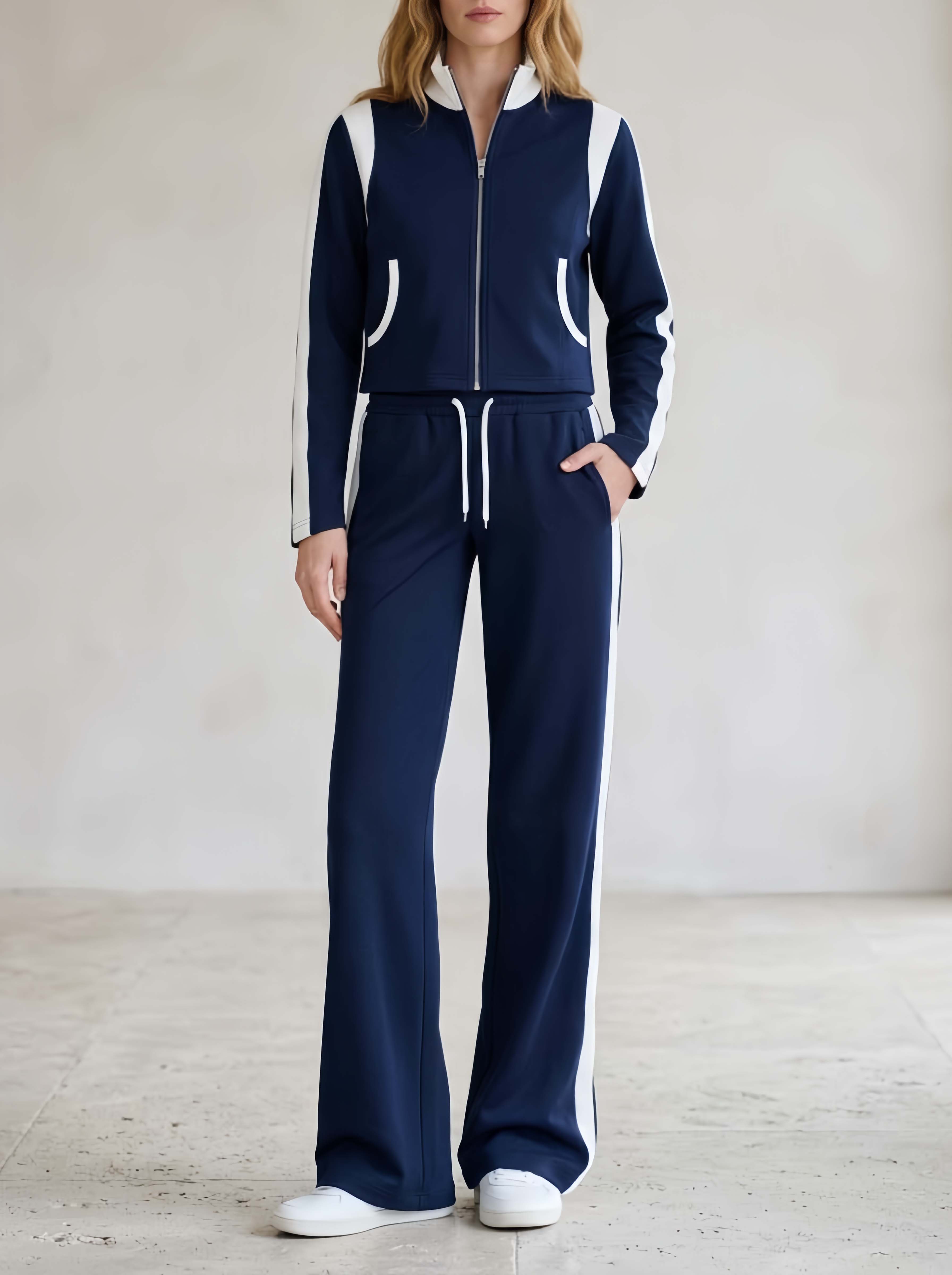 Stylish Navy Color-block Jacket And Trousers Set For The Modern Commuter