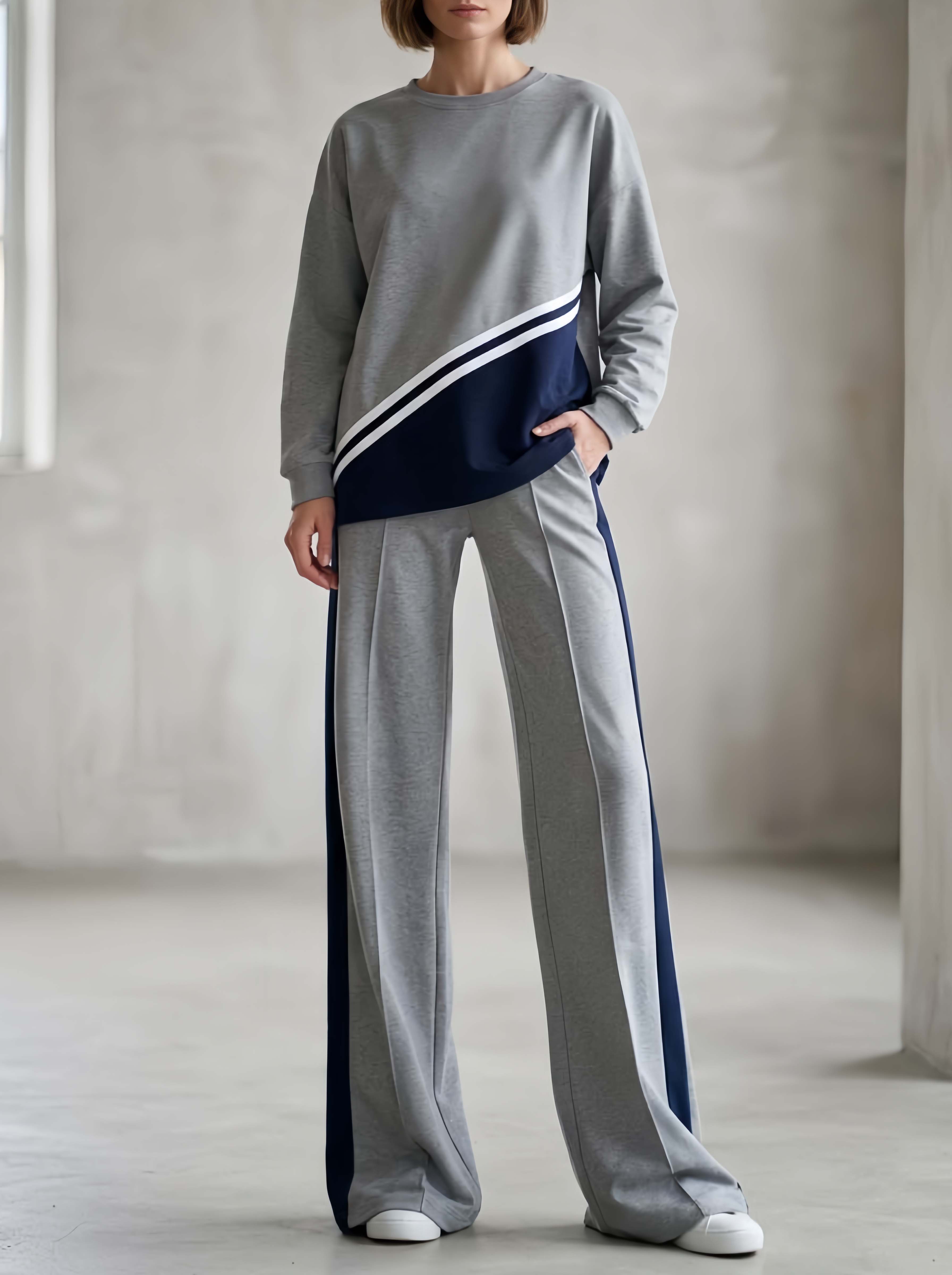 Stylish Casual Long-sleeved Top And Trousers Set In A Grey And Navy Color-block Design