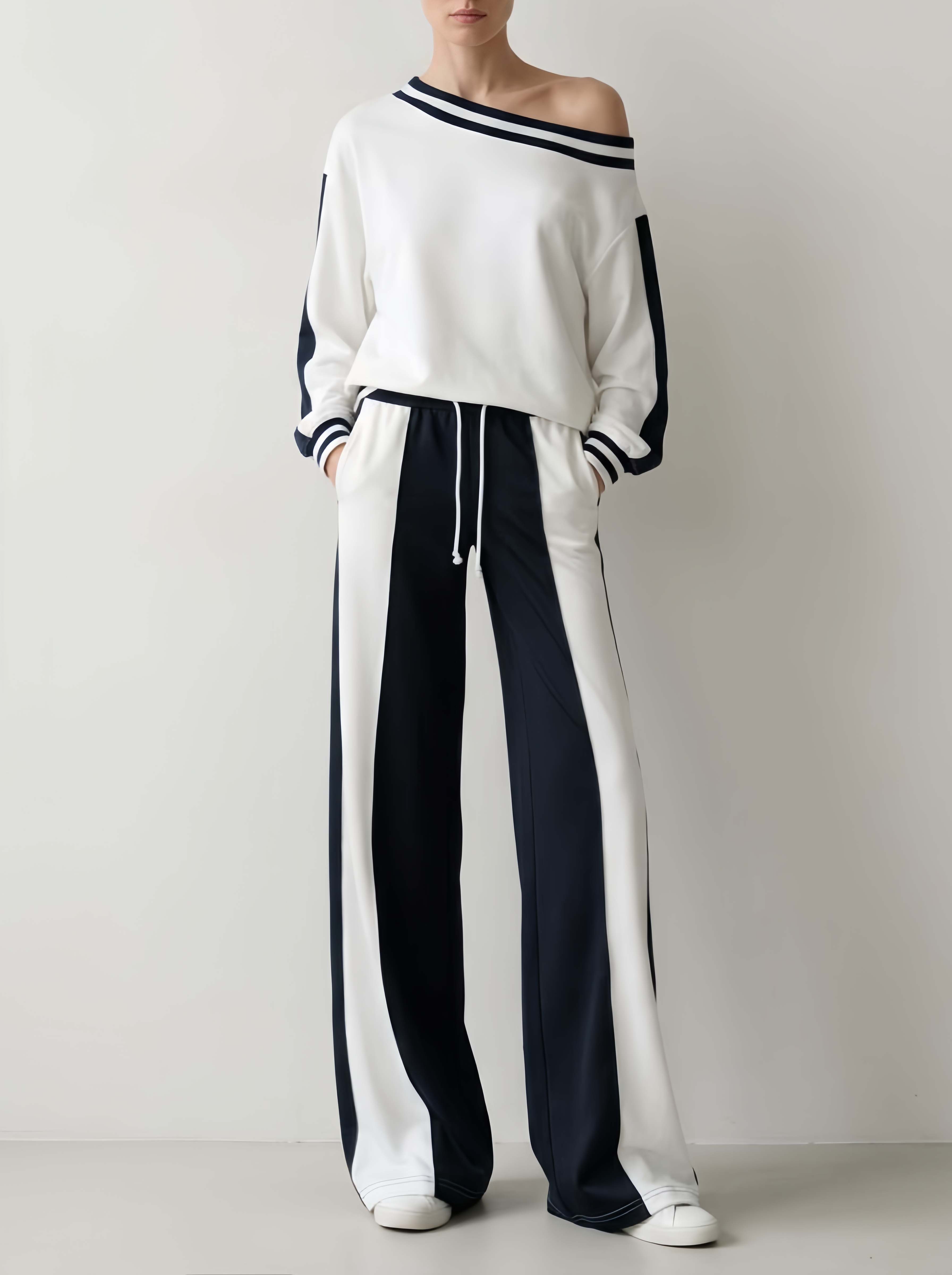 Stylish And Casual White Off-the-shoulder Color-block Top And Trousers Set