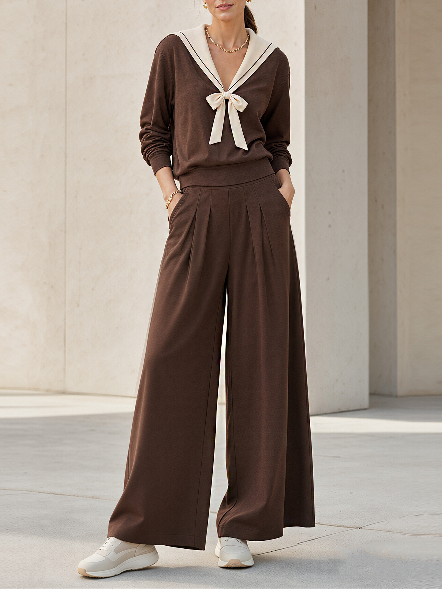 Brown Sailor Collar Bow Sweatshirt & Pleated Wide‑Leg Pants Set