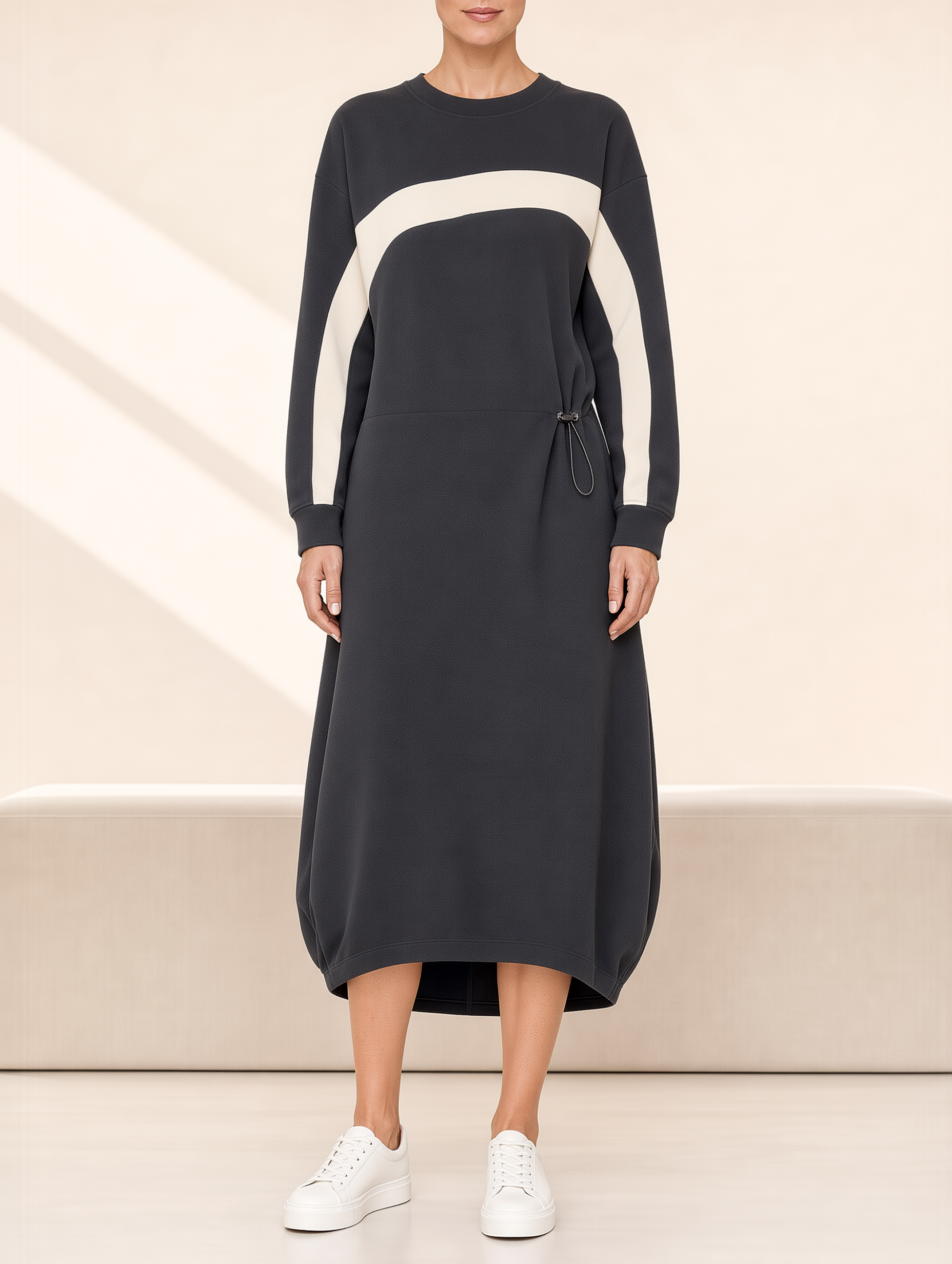 Charcoal And White Color-Block Adjustable Loose-Fit Dress