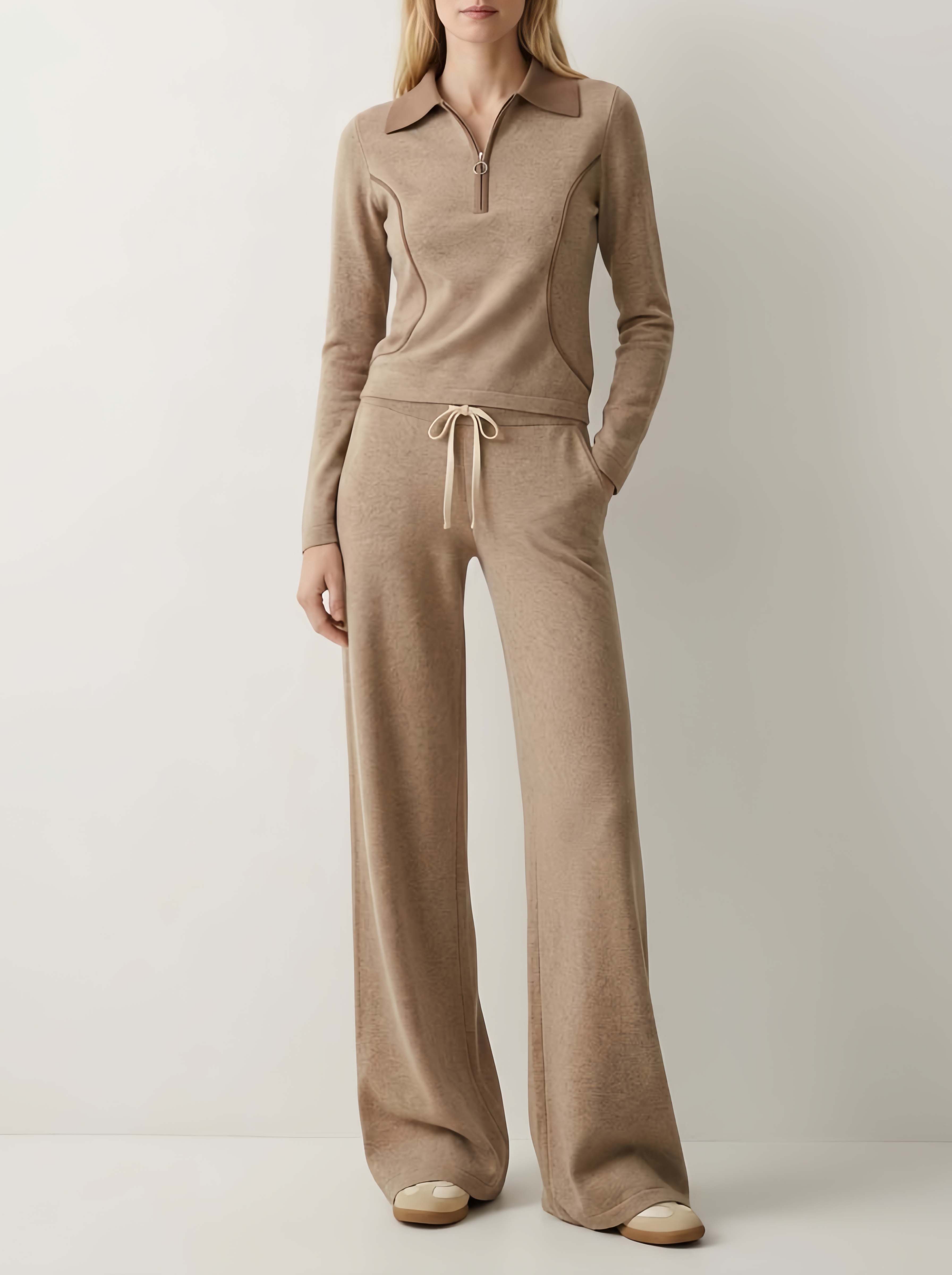 Stylish And Casual Coffee-Colored Collared Top And Trousers Set