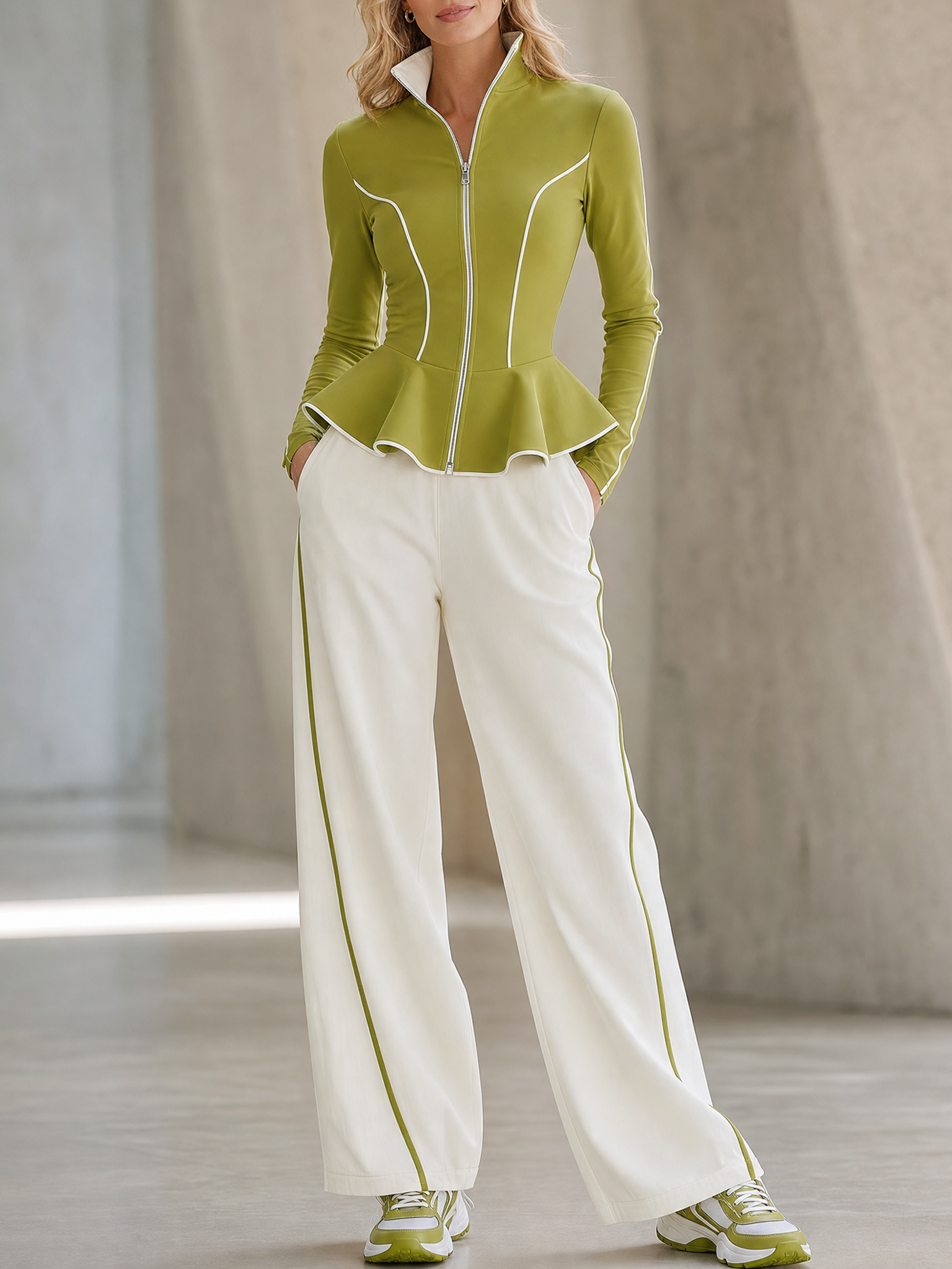 Avocado Green Zip-up Sports Jacket And White Wide-leg Trousers Set