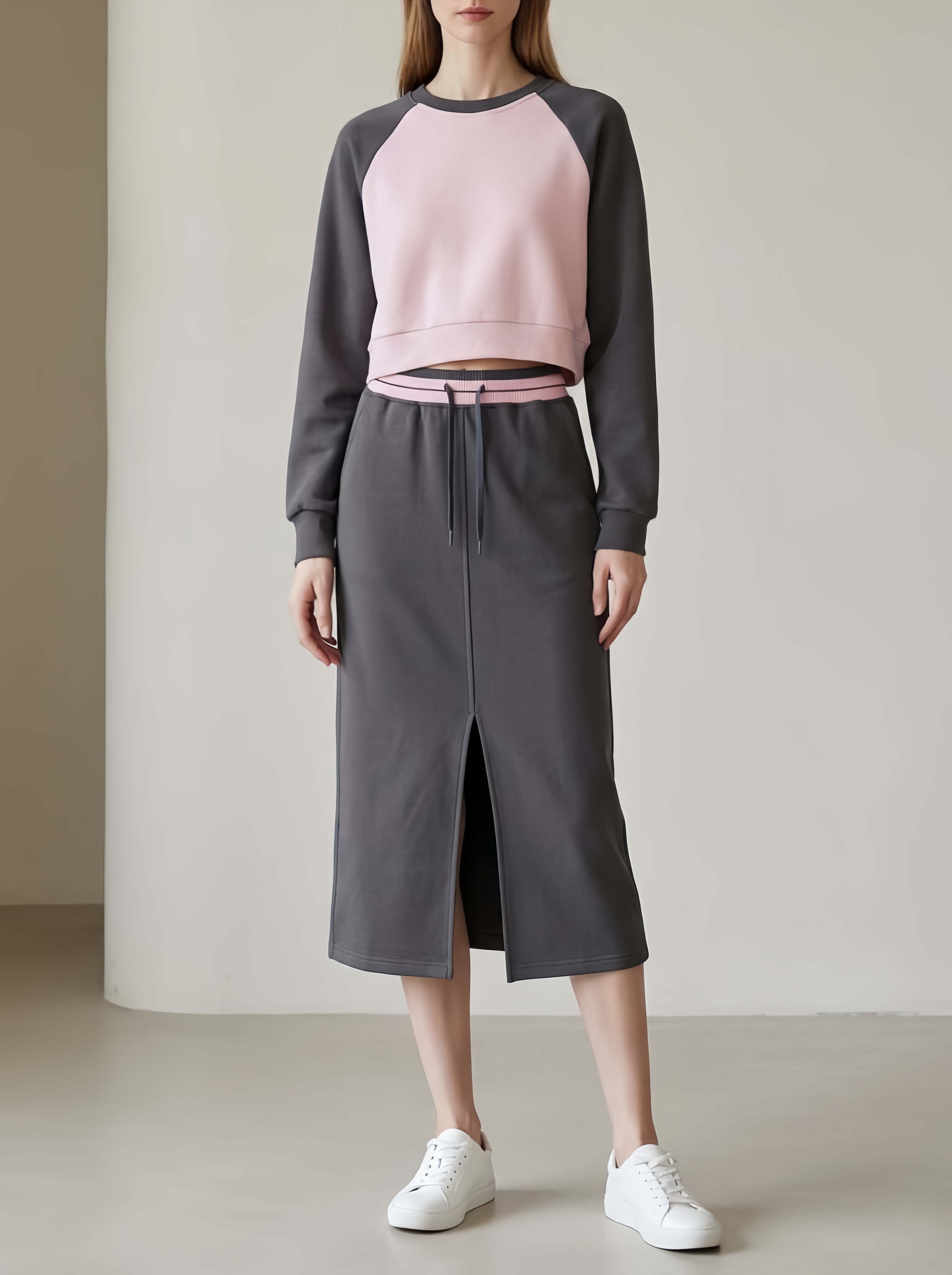 Pink And Grey Color-block Long-sleeve Top And Slit Skirt Set In A Sporty-chic Style
