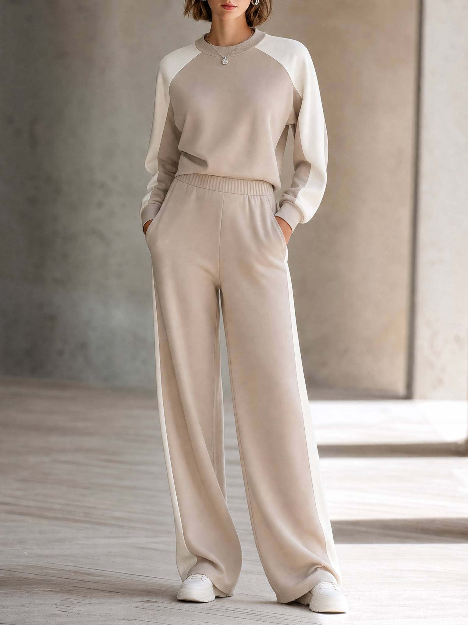 Light Khaki Crew-Neck Sweatshirt And Wide-Leg Pants Casual Set