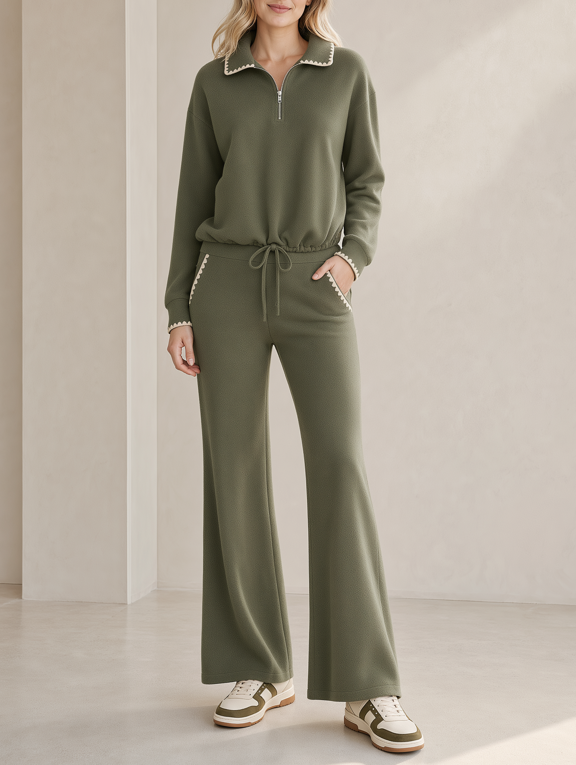 Olive Green Embroidered Sweatshirt And Slight-flare Trousers Set