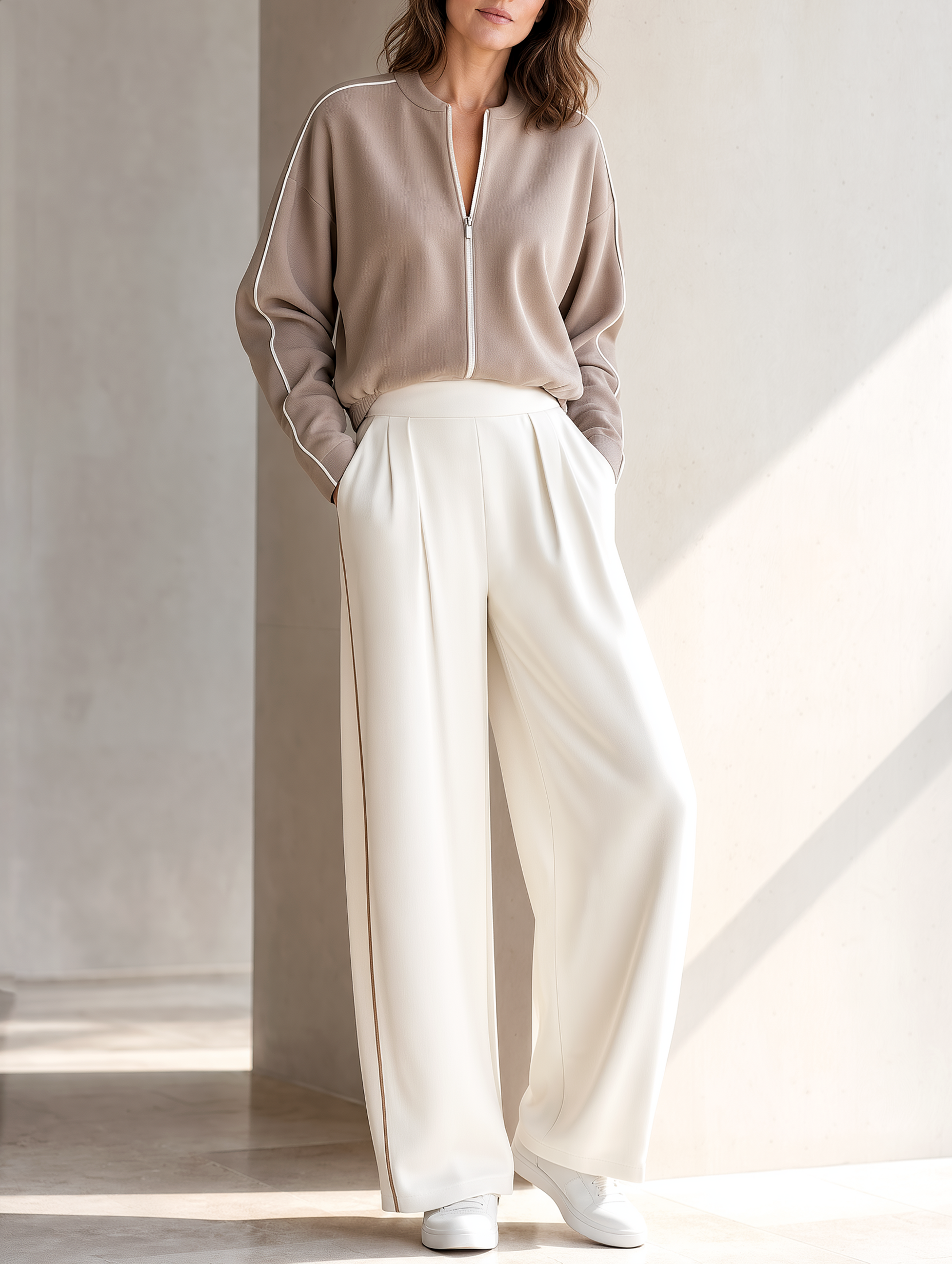 Light Brown Zip-up Jacket And Off-white Trouser Suit