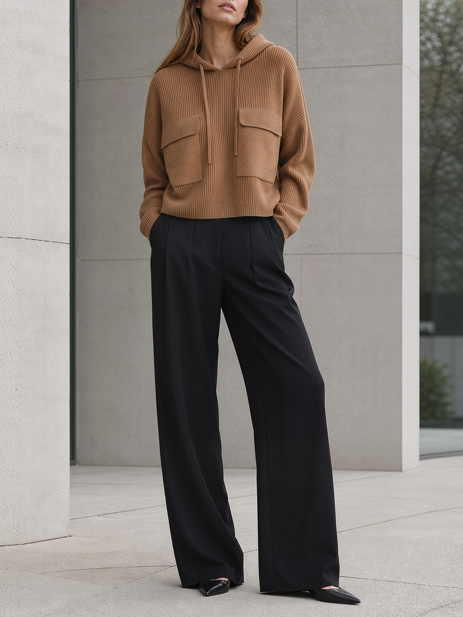 Camel Hooded Knit Top & Black High‑Waist Wide‑Leg Pants Set