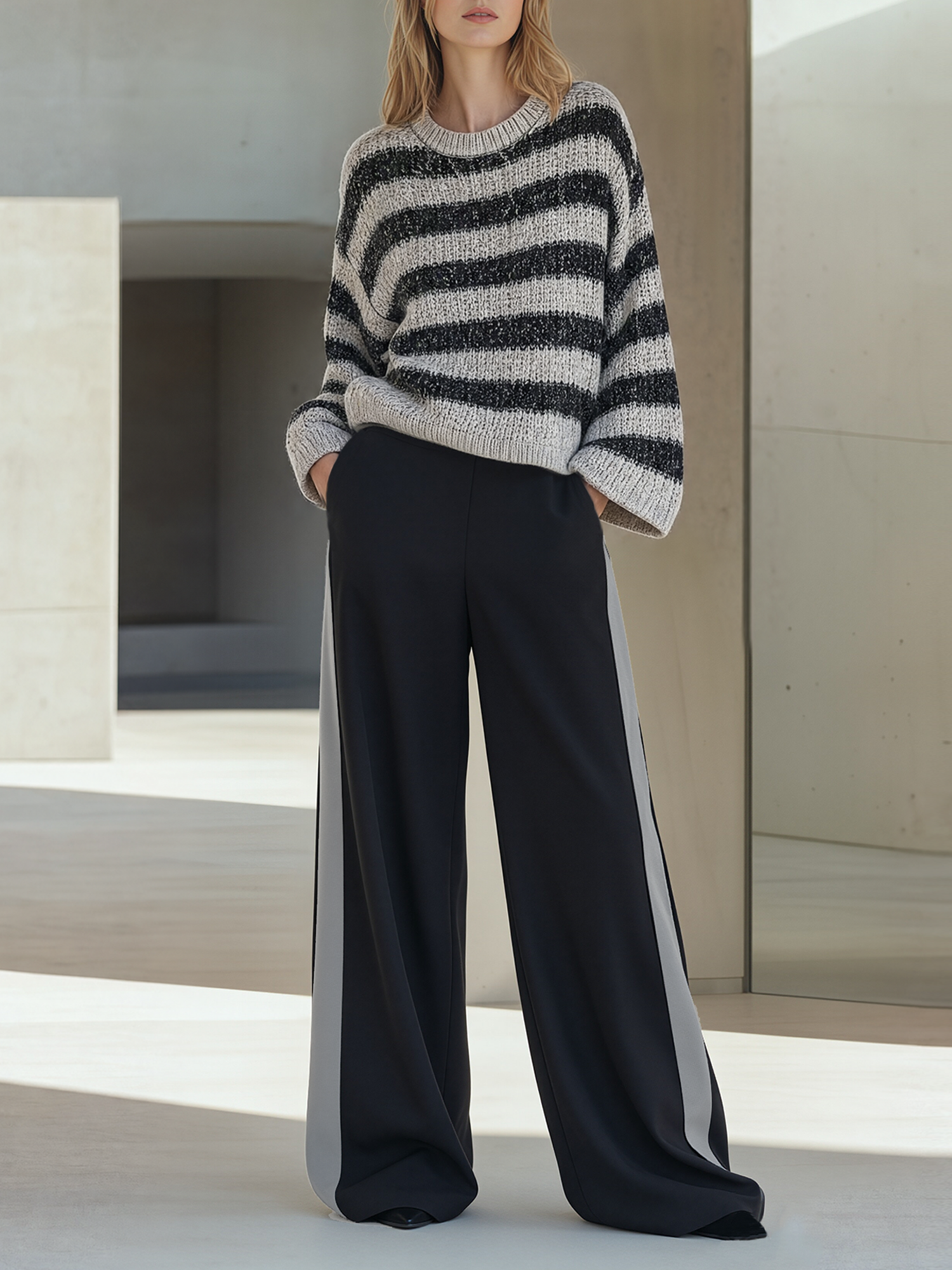 Black‑Grey Stripe Crew Neck Knit Sweater & Side Stripe Wide‑Leg Pants Set