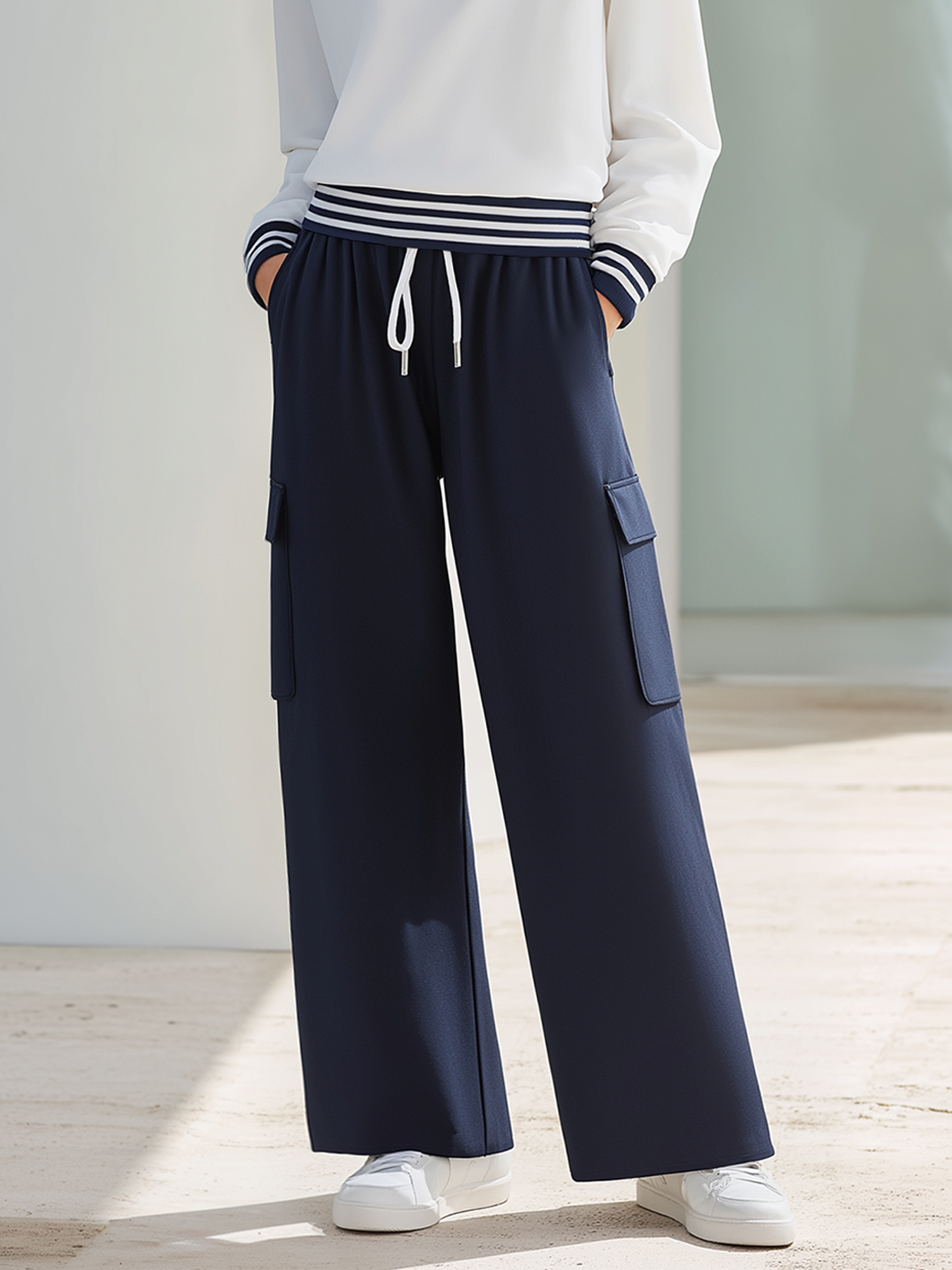 Navy Blue Utility-Style High-Stretch Wide-Leg Pants With Elastic Waist
