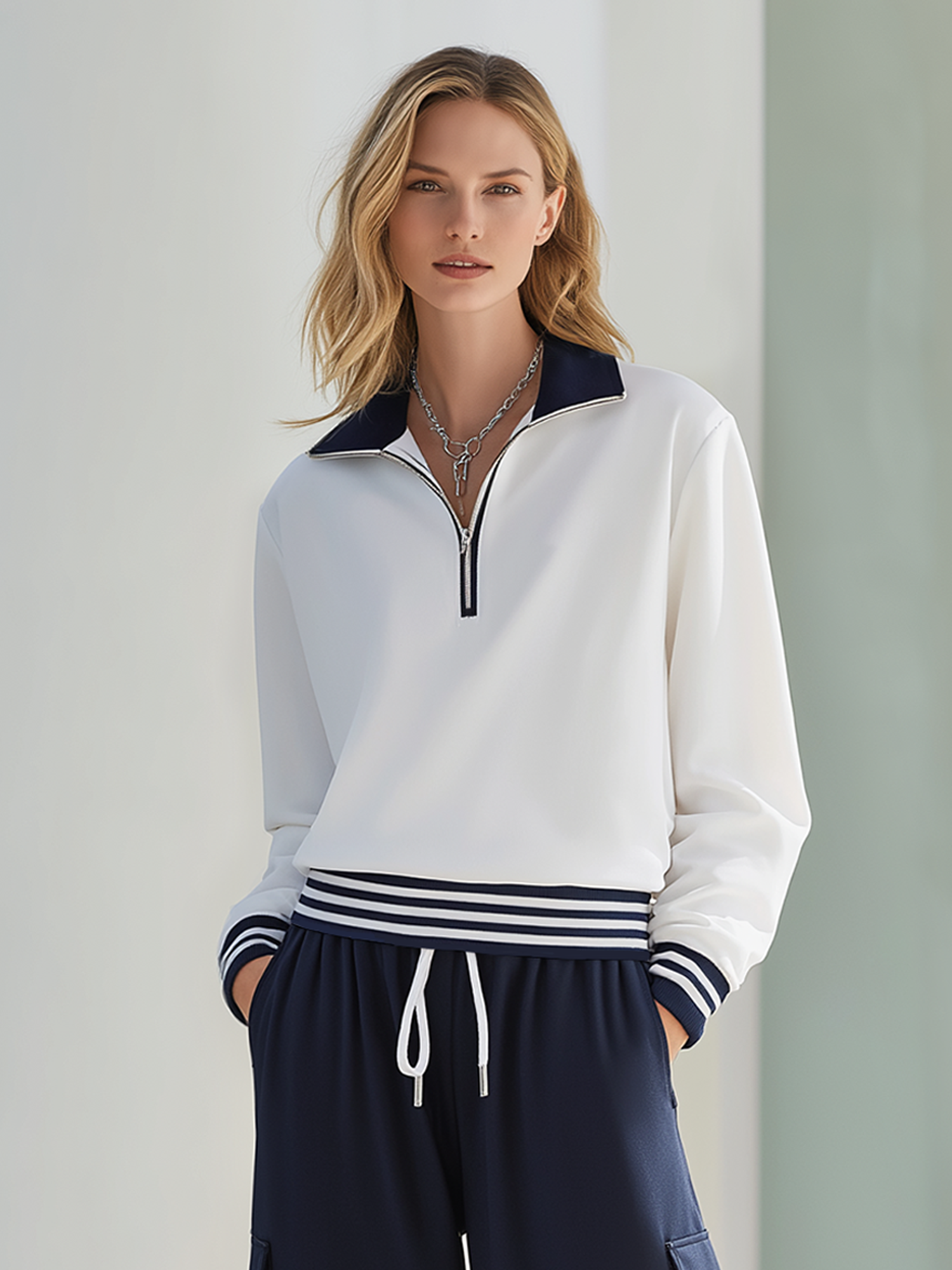 White And Navy Color-block Half-zip Long-sleeve Top