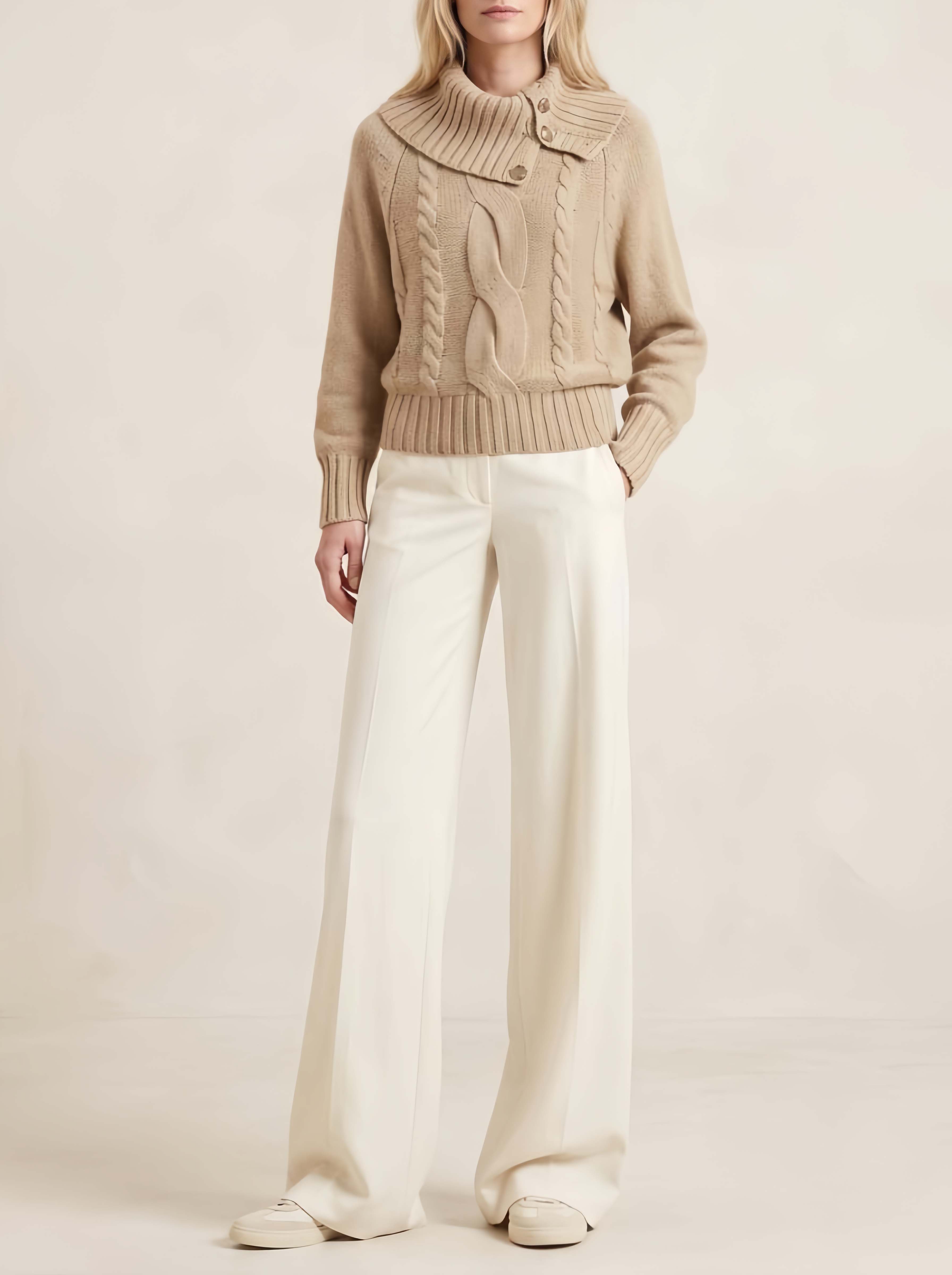 Stylish Casual Khaki Turtleneck Long-Sleeve Sweater And White Trousers Set