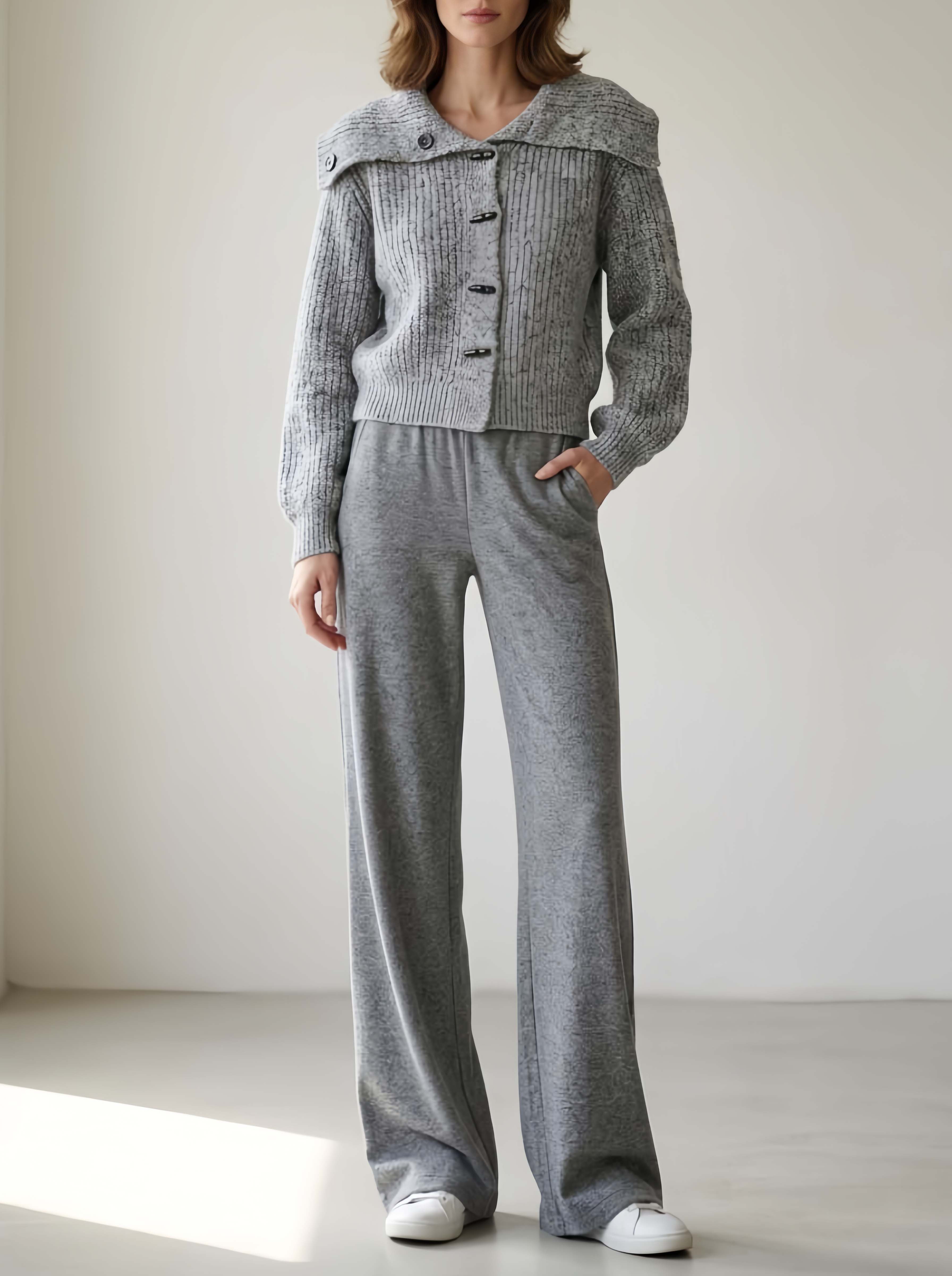 Stylish Grey Long-Sleeve Sweater And Trouser Casual Set For Commuting