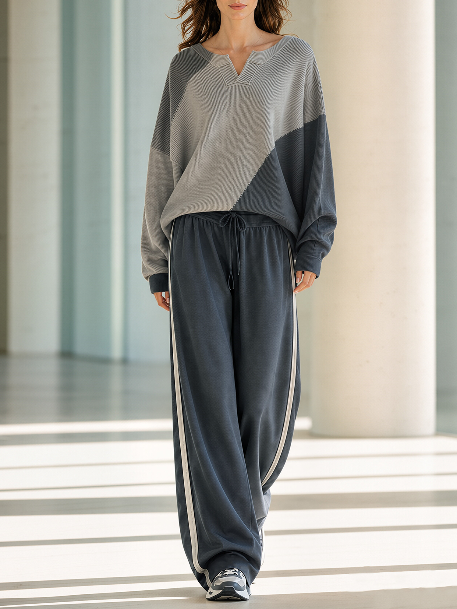 Grey Color‑Block Notch Neck Knit Top & Dark‑Grey Side‑Stripe Wide‑Leg Pants Set