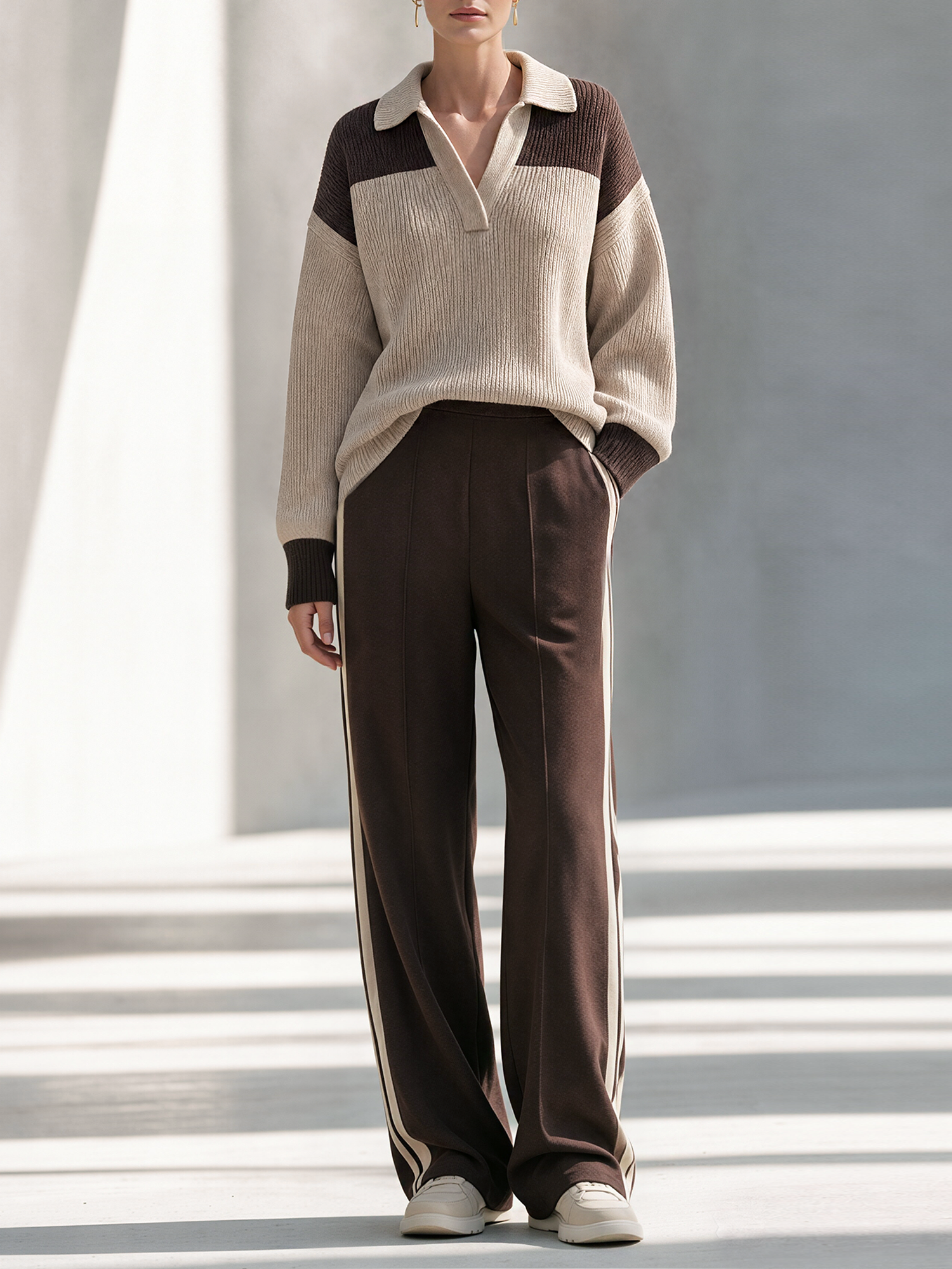 Oatmeal-colored Color-block Knit Polo Shirt And Brown Wide-leg Trousers Set
