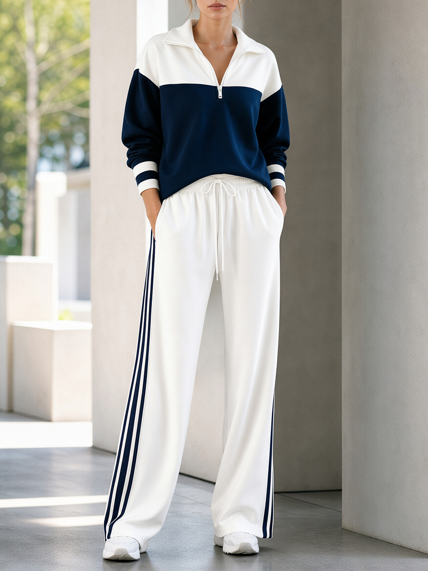 Navy‑White Color‑Block Half‑Zip Top & White Side‑Stripe Wide‑Leg Pants Set