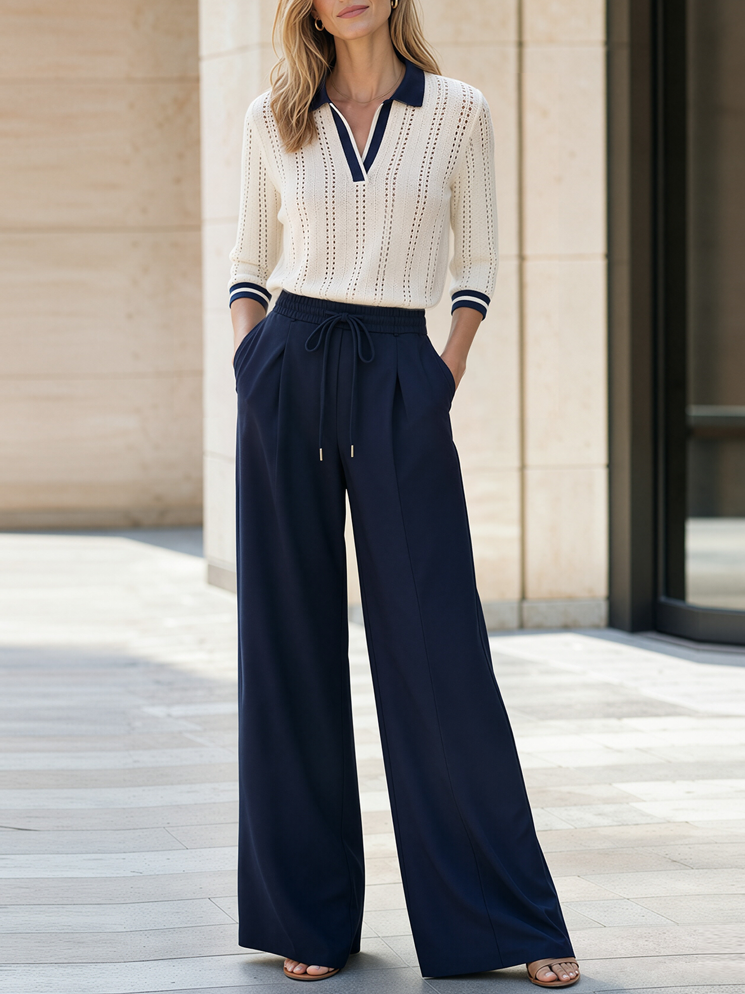 Off‑White Navy‑Trim Polo Knit Top & Navy Drawstring Wide‑Leg Pants Set