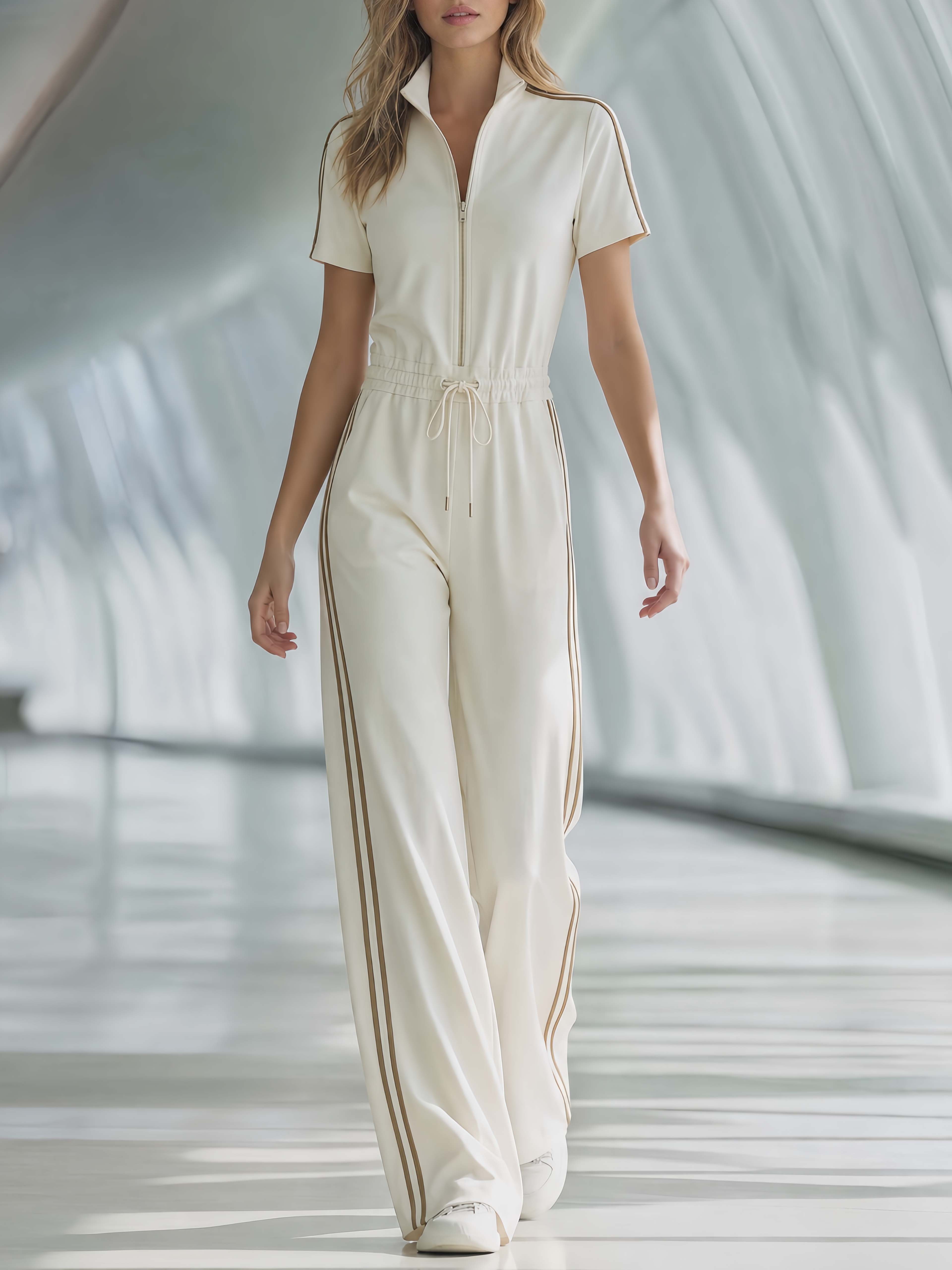 Stylish And Casual White Athleisure-style Jumpsuit Suitable For Commuting