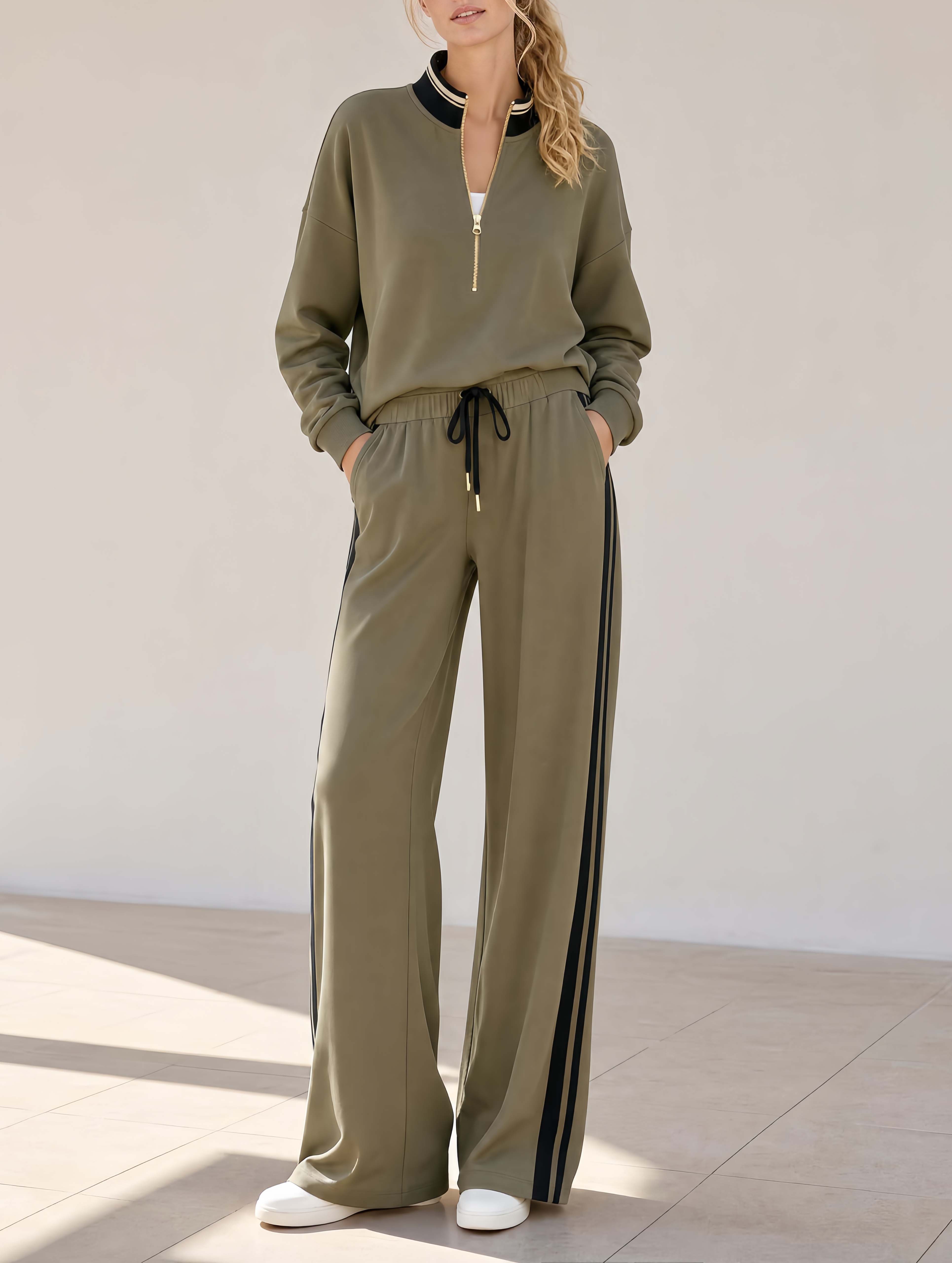 Stylish Khaki-Green Zip-Up Stand-Collar Long-Sleeve Top And Pants Casual Set