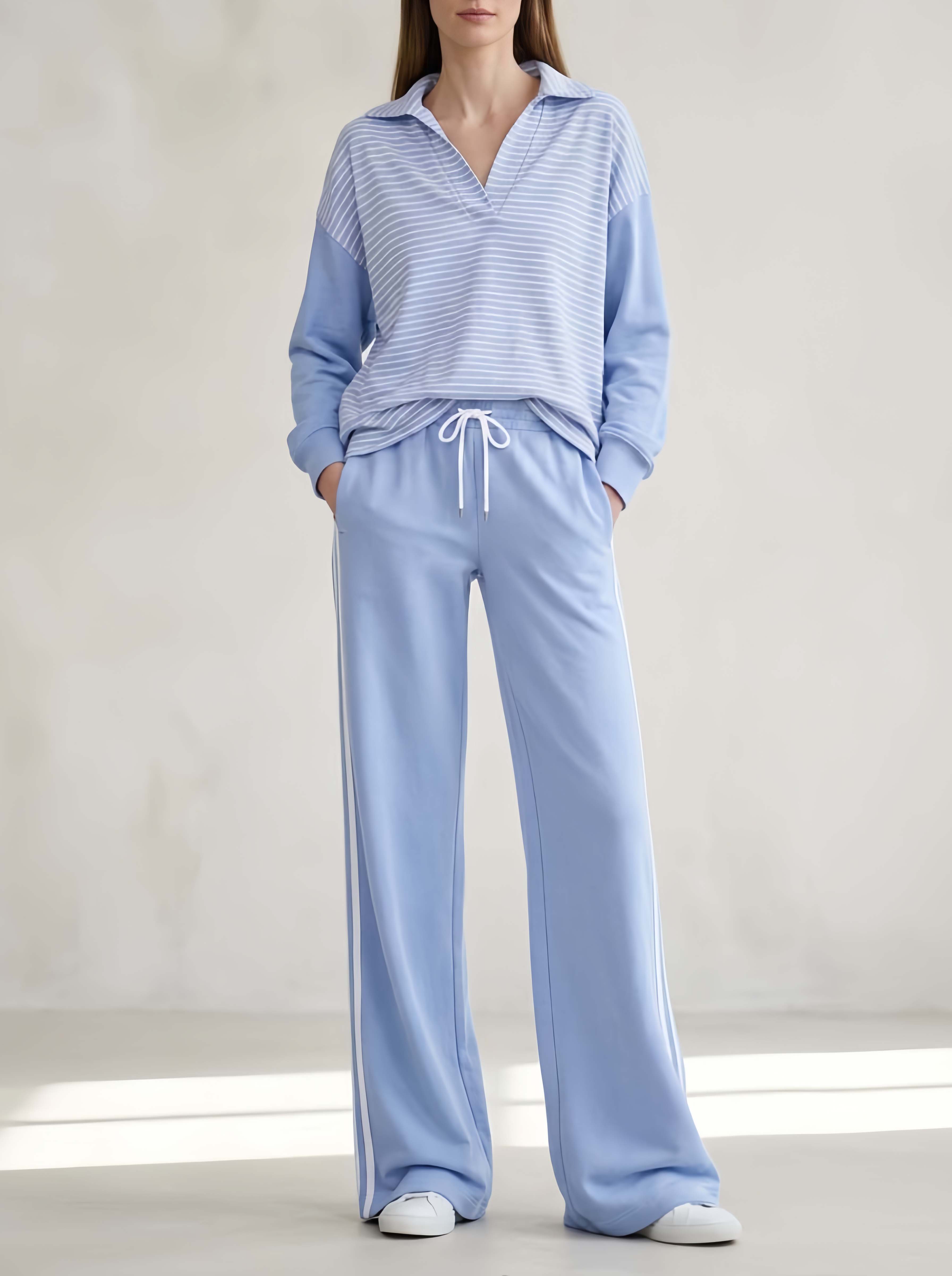 Stylish Casual Matching Set Featuring A Light Blue Striped Long-sleeve Top And Trousers