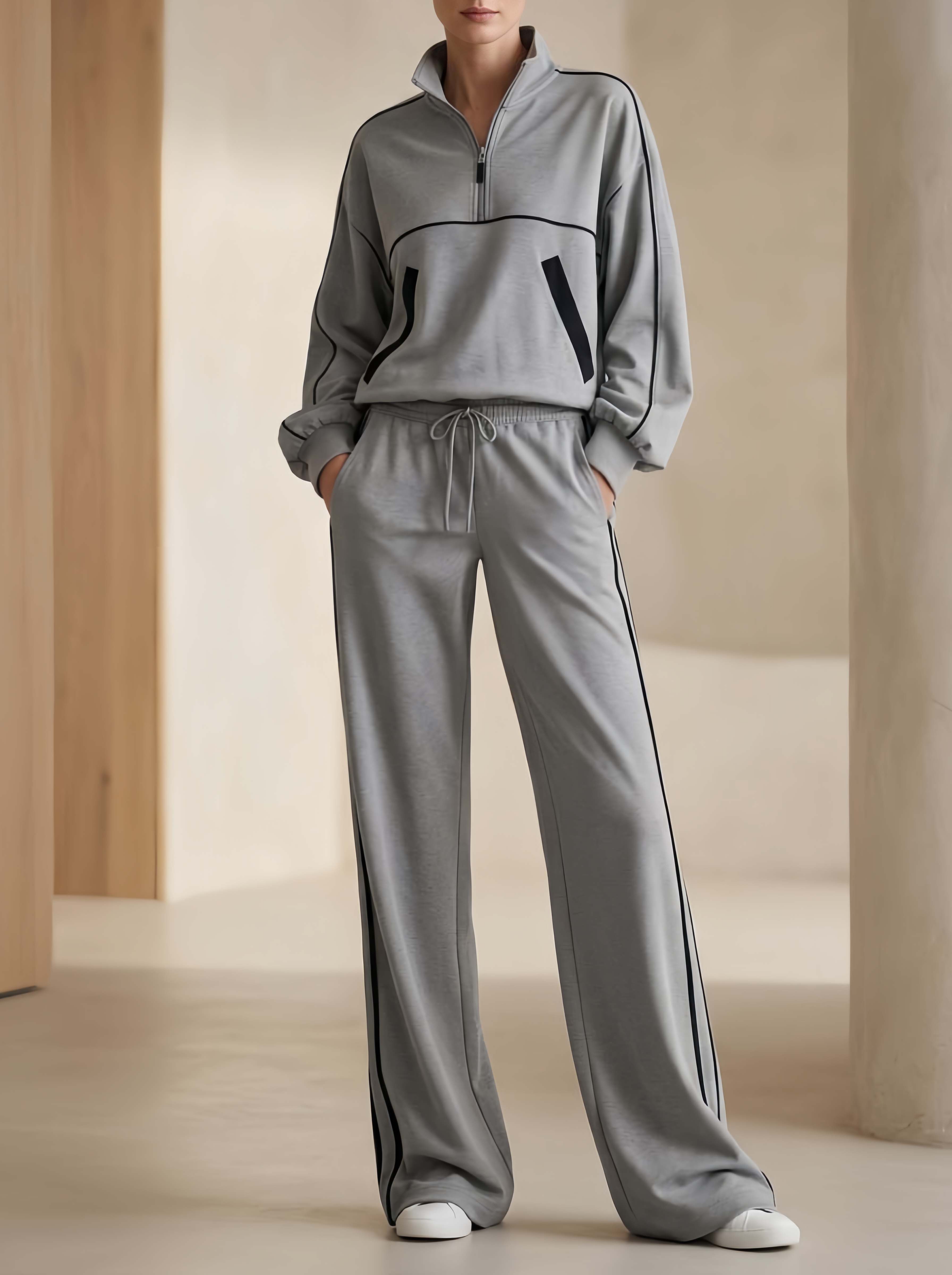 Stylish Athleisure Set: Grey Long-Sleeve Zip-Collar Top And Pants