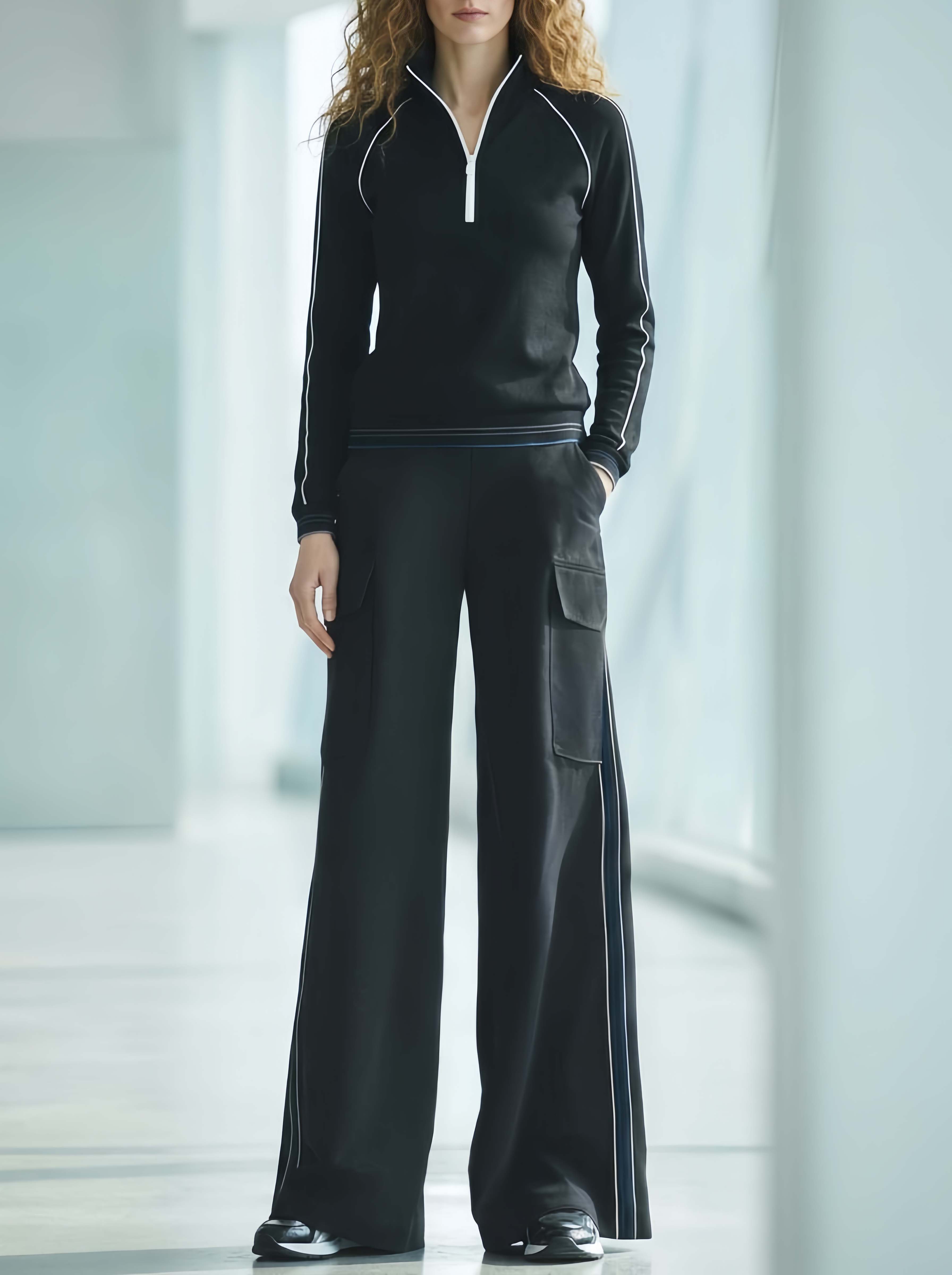Stylish Matching Set Featuring A Sporty Black Long-sleeve Top And Utility-style Trousers