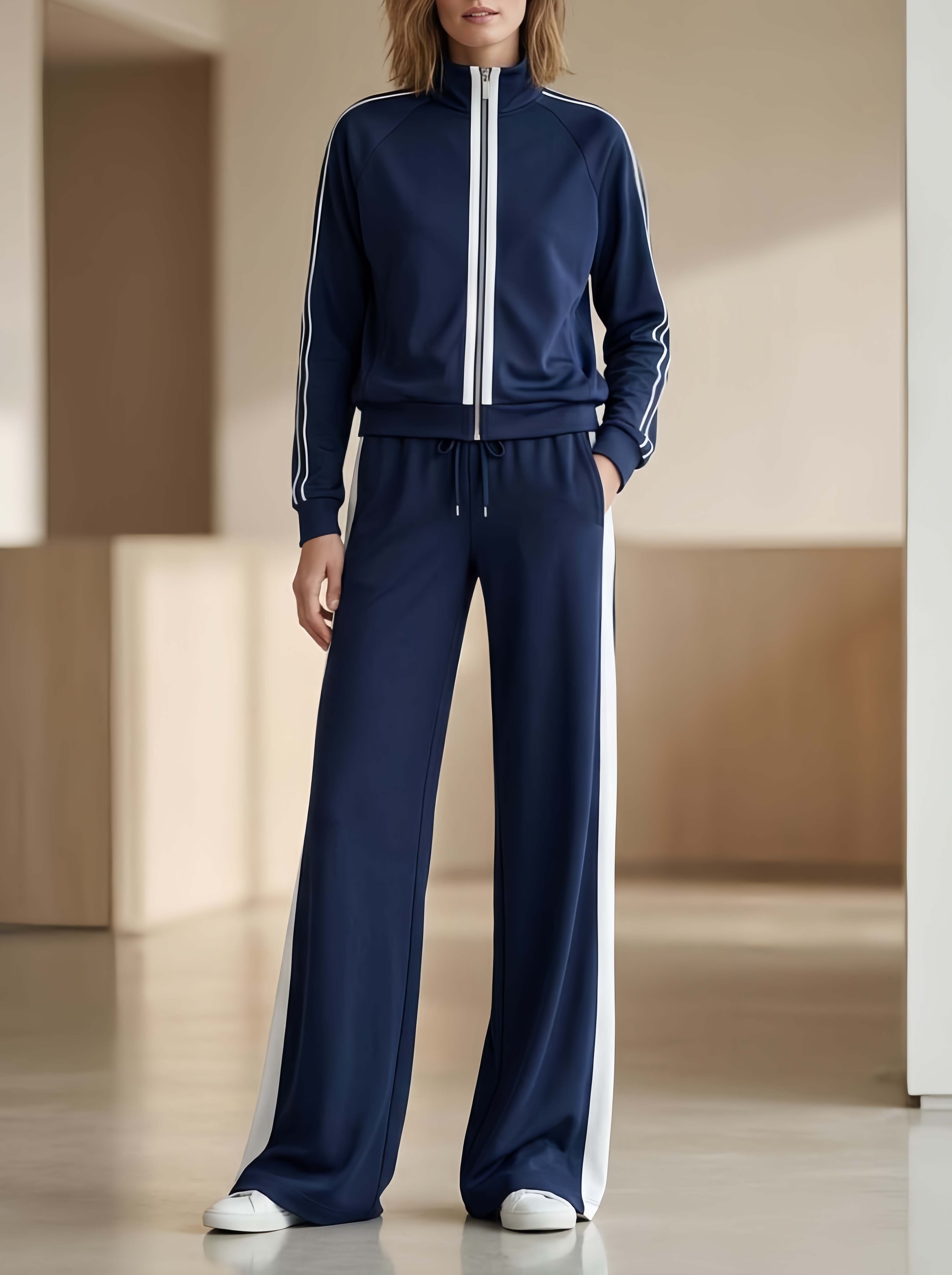 Stylish Sporty Navy Long-sleeve Jacket And Color-block Trousers Set