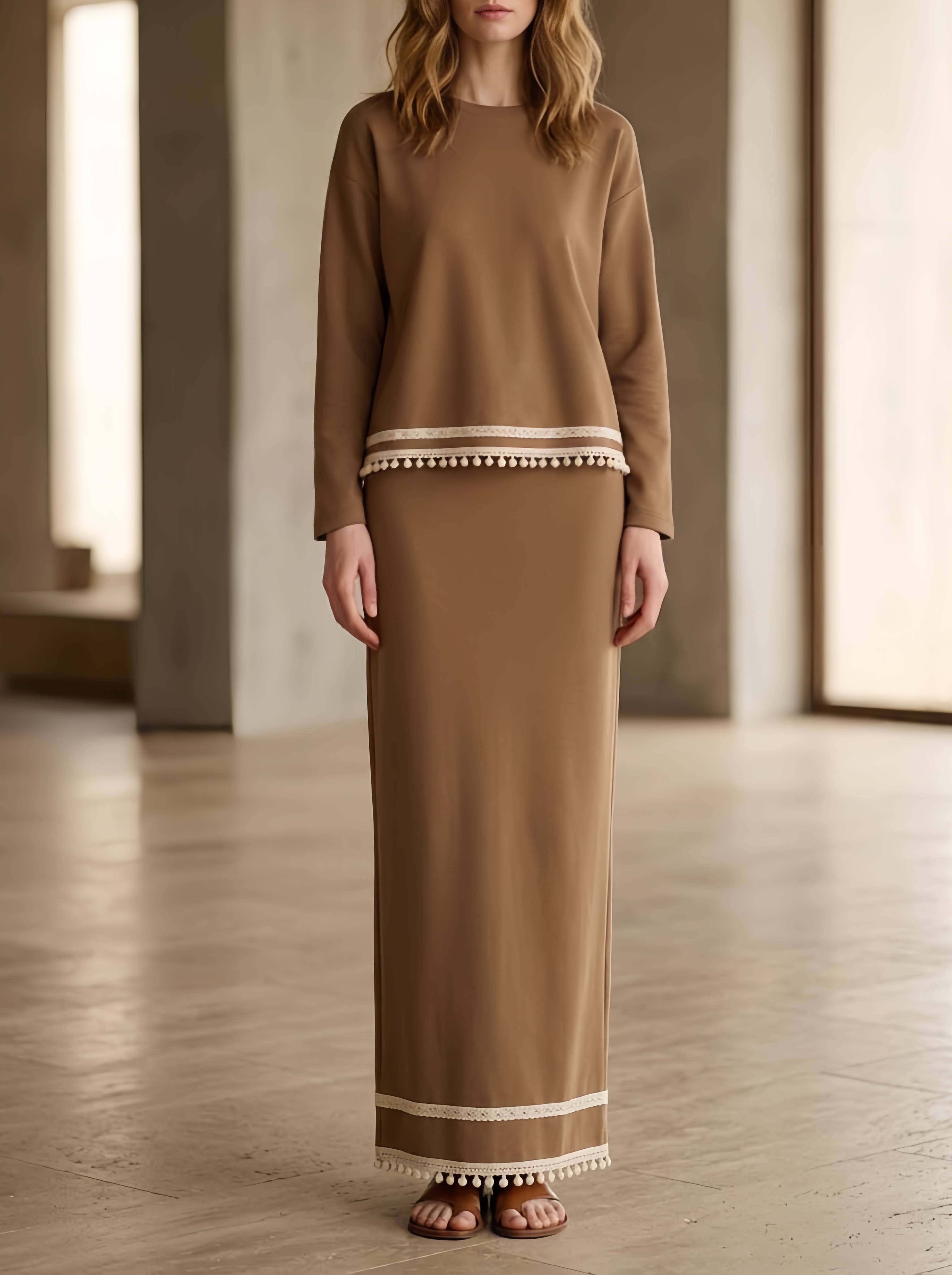 Casual-chic Long-sleeve Top And Maxi Skirt Set In Brown With Lace Trim