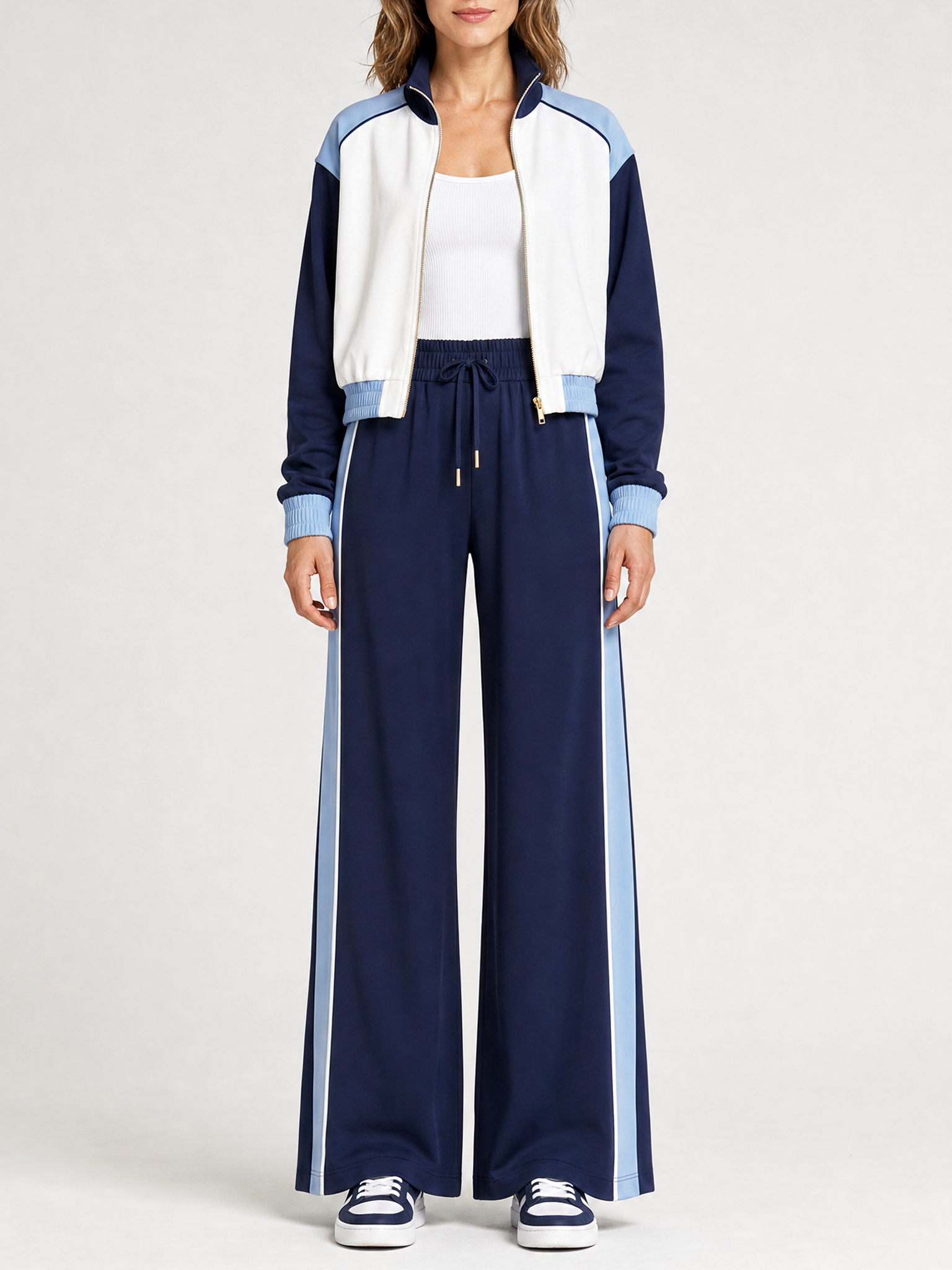 Navy Color-Block Zip-Up Jacket And Wide-Leg Pants Set